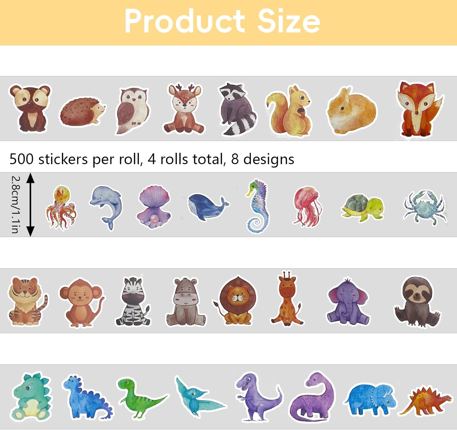 Thumbnail 1 de 4 Roll Tier Sticker Kinder Sticker Set – runde Tieraufkleber, selbstklebend, 2,5 cm Ø