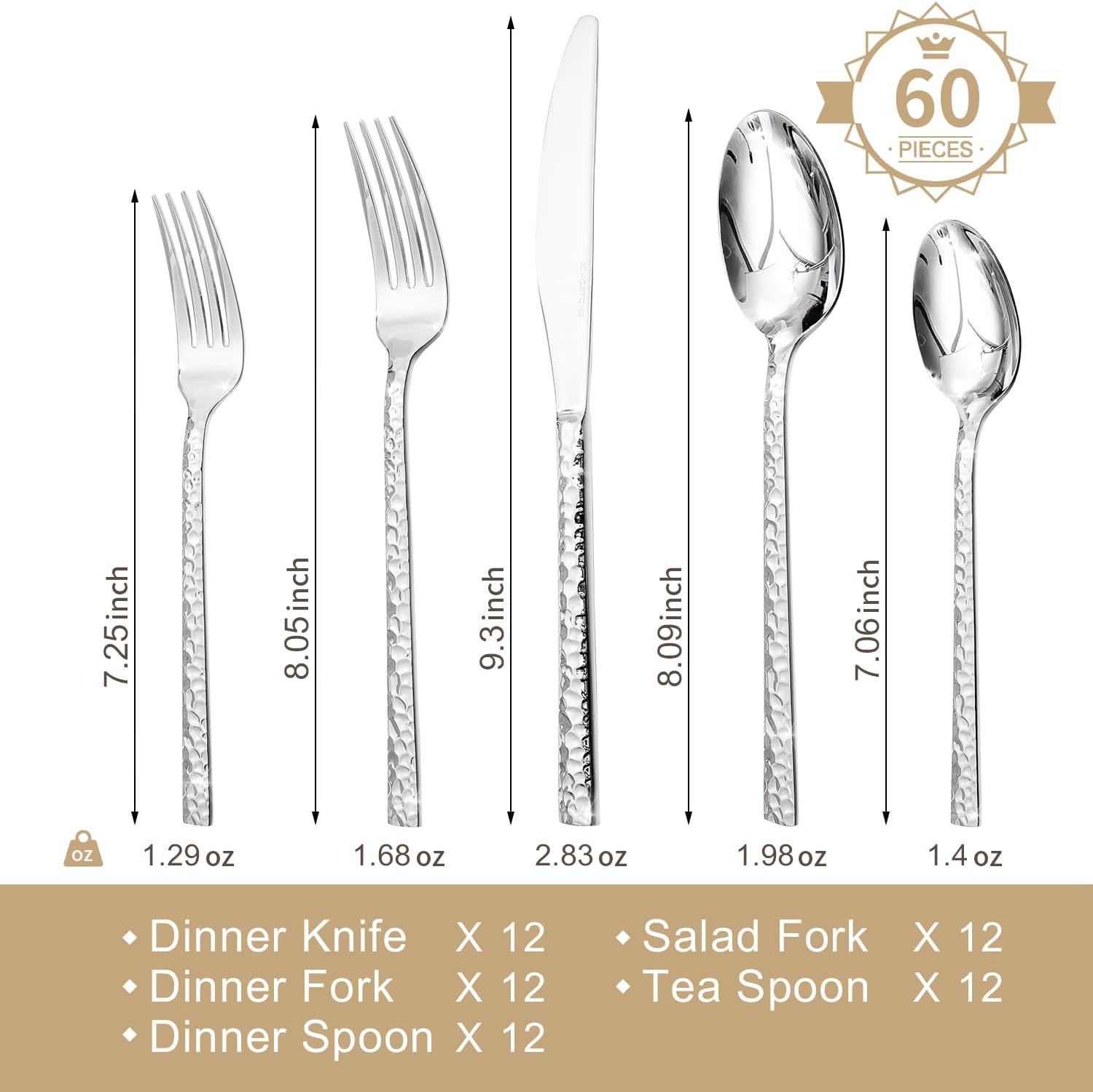 Thumbnail 1 de KINGSTONE 60-Piece Hammered Silverware Set (18/10 Stainless Steel) for 12