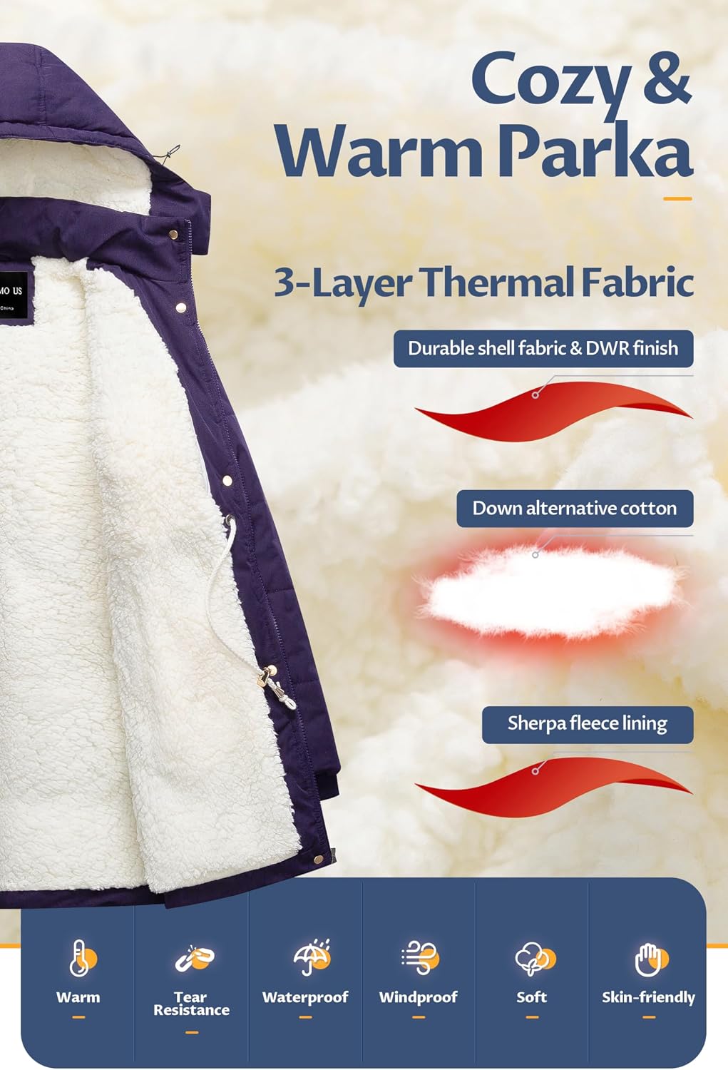Detalle de CREATMO US Women's Sherpa Winter Parka with Removable Hood and Adjustable Waist