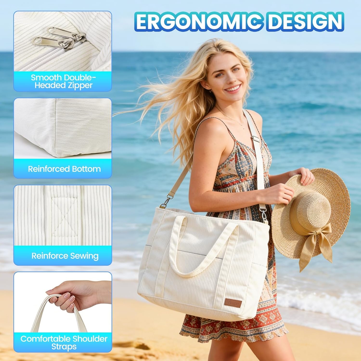 Detalle 2 de Virape Strandtasche XXL Familie mit Reißverschluss – Wasserdichter Innenraum, Kordelstoff, 42×39×18 cm