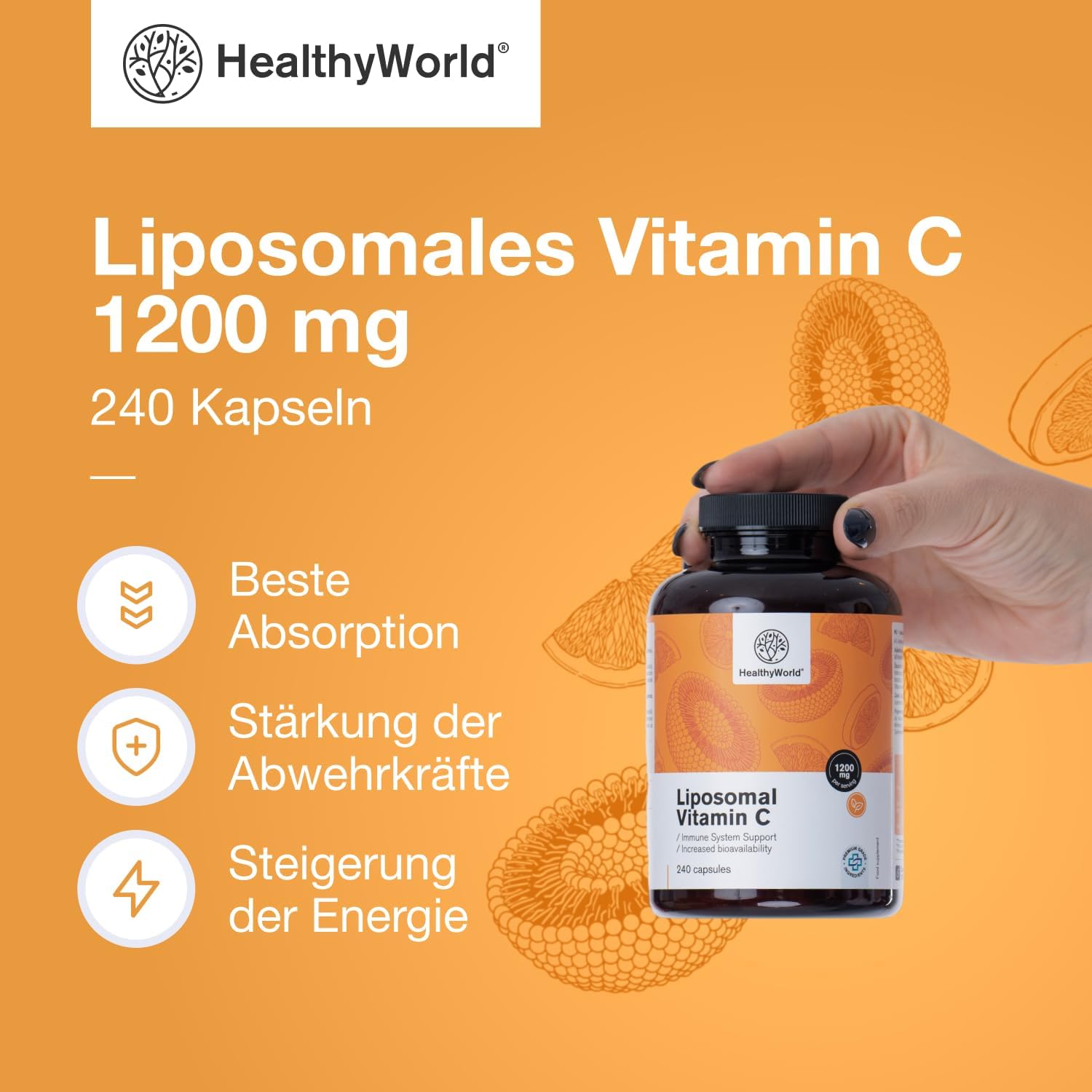 Detalle de HealthyWorld Liposomales Vitamin C – 240 Pflanzenkapseln (1200 mg/Tag) mit Hagebutte & Sonnenblumen-Phospholipiden