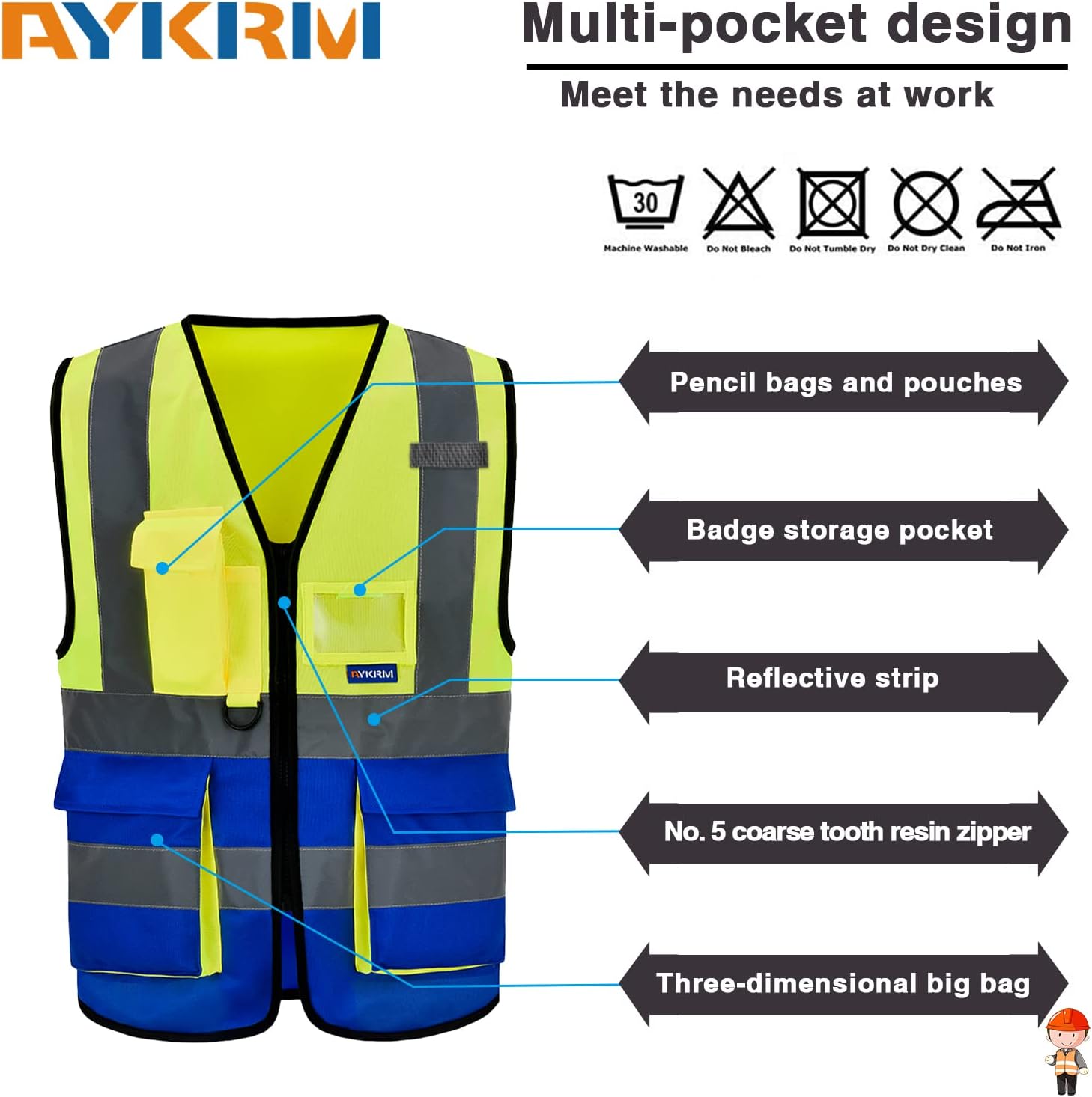 Detalle de AYKRM 21-colours hi-vis executive safety vest with zip front, phone & ID pockets