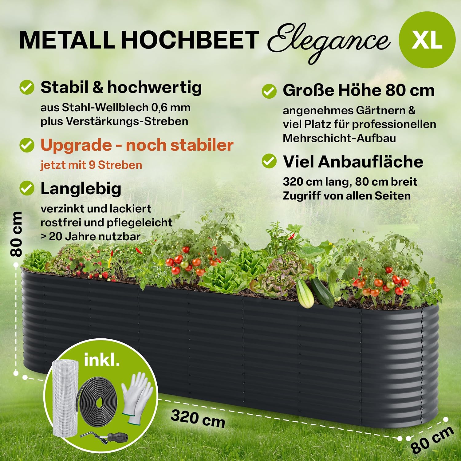 Detalle 2 de TTL GARDEN Elegance XL Metall-Hochbeet 320x80x80 cm in Anthrazit (ovale Wellblech-Form)