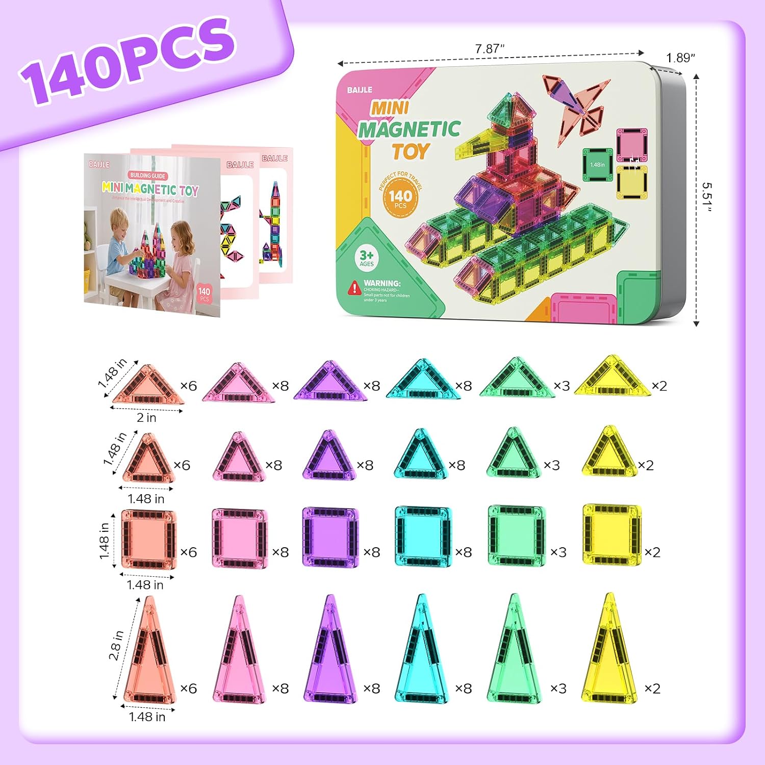 Thumbnail 1 de BAIJLE 140PCS Mini Magnetic Tiles set for kids 🧩