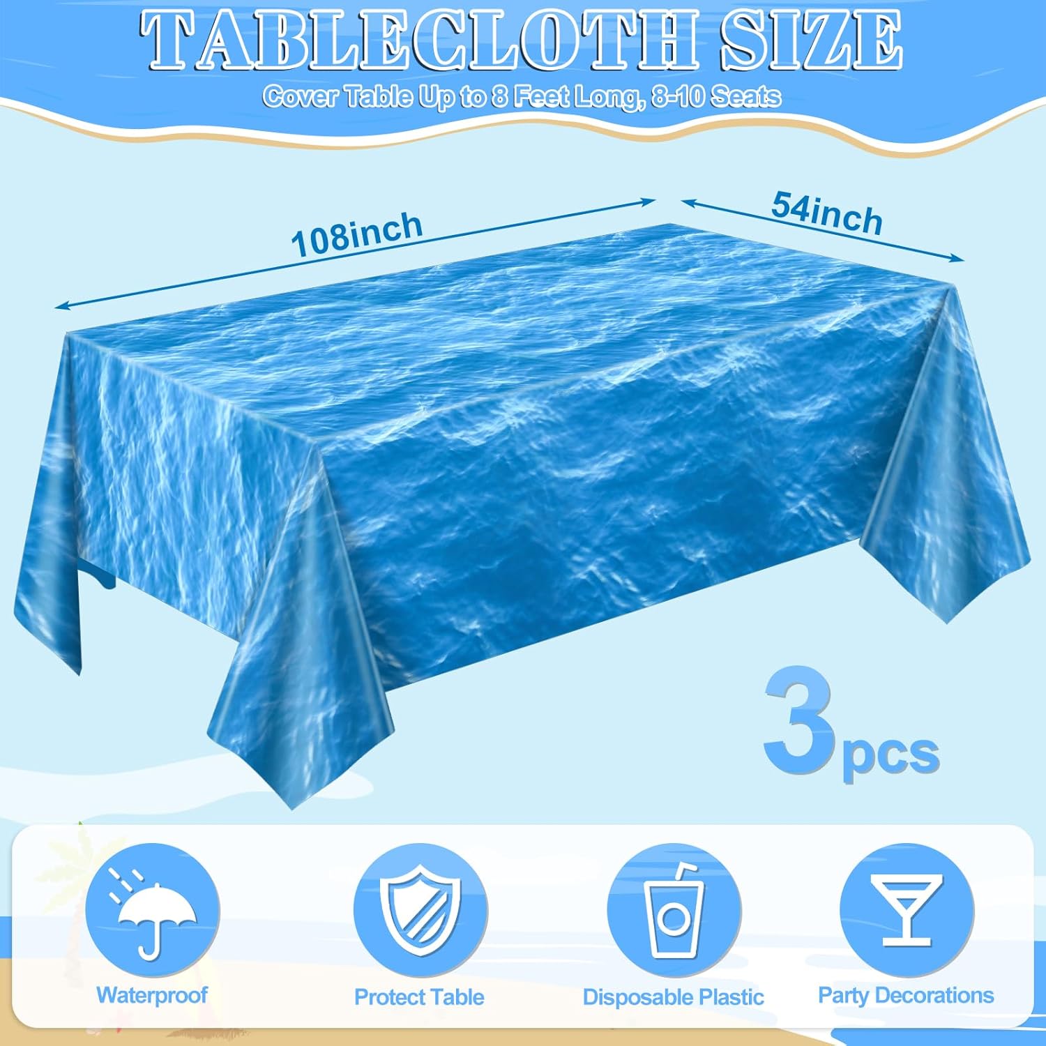 Thumbnail 1 de NatNarr 3-Pack Ocean Waves Disposable Plastic Tablecloths (54 x 108 in)