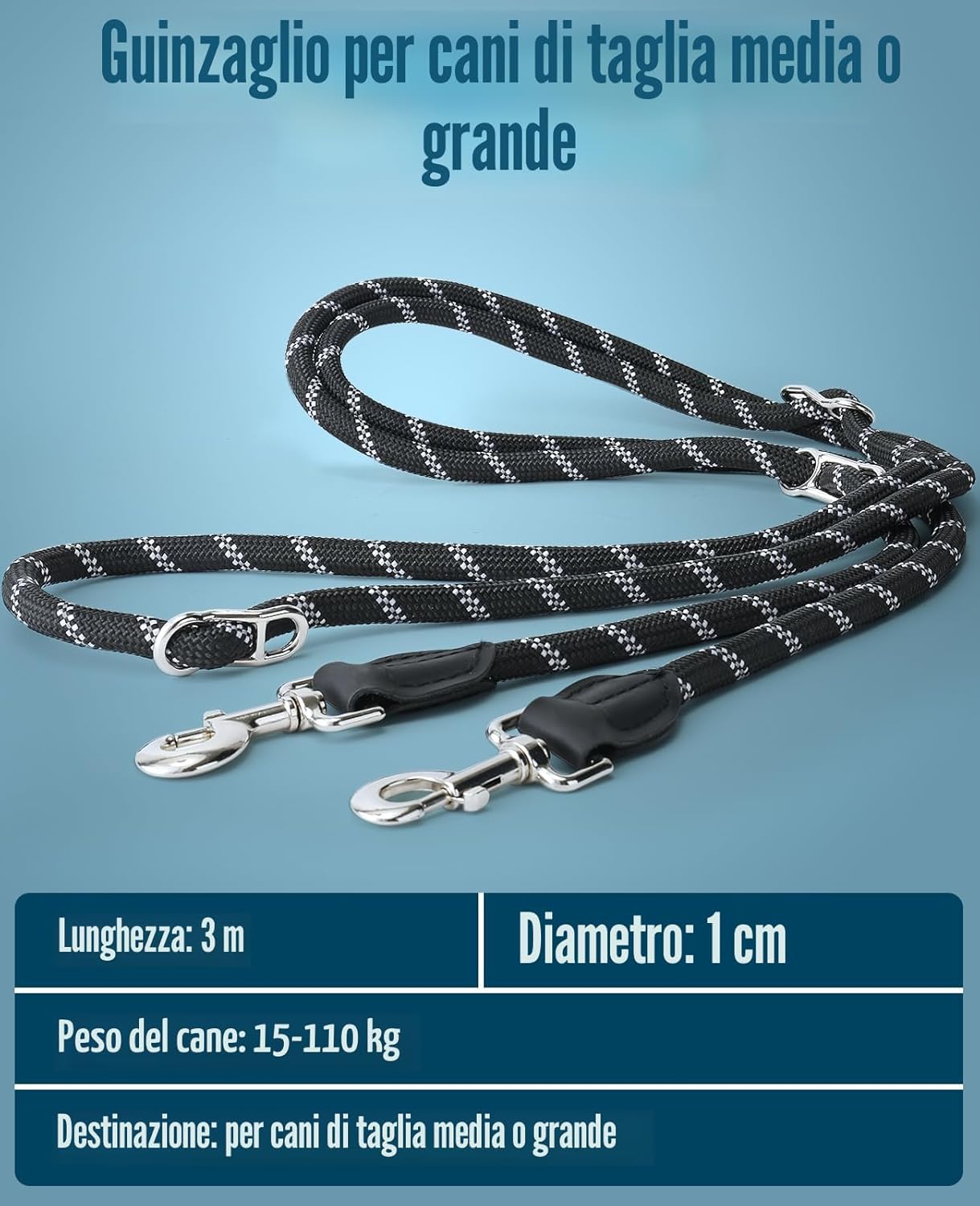 Thumbnail 6 de Oneisall Guinzaglio per cani taglia grande e media (15-60 kg), fino a 3 m, doppio con catarifrangente e moschettoni girevoli a 360°