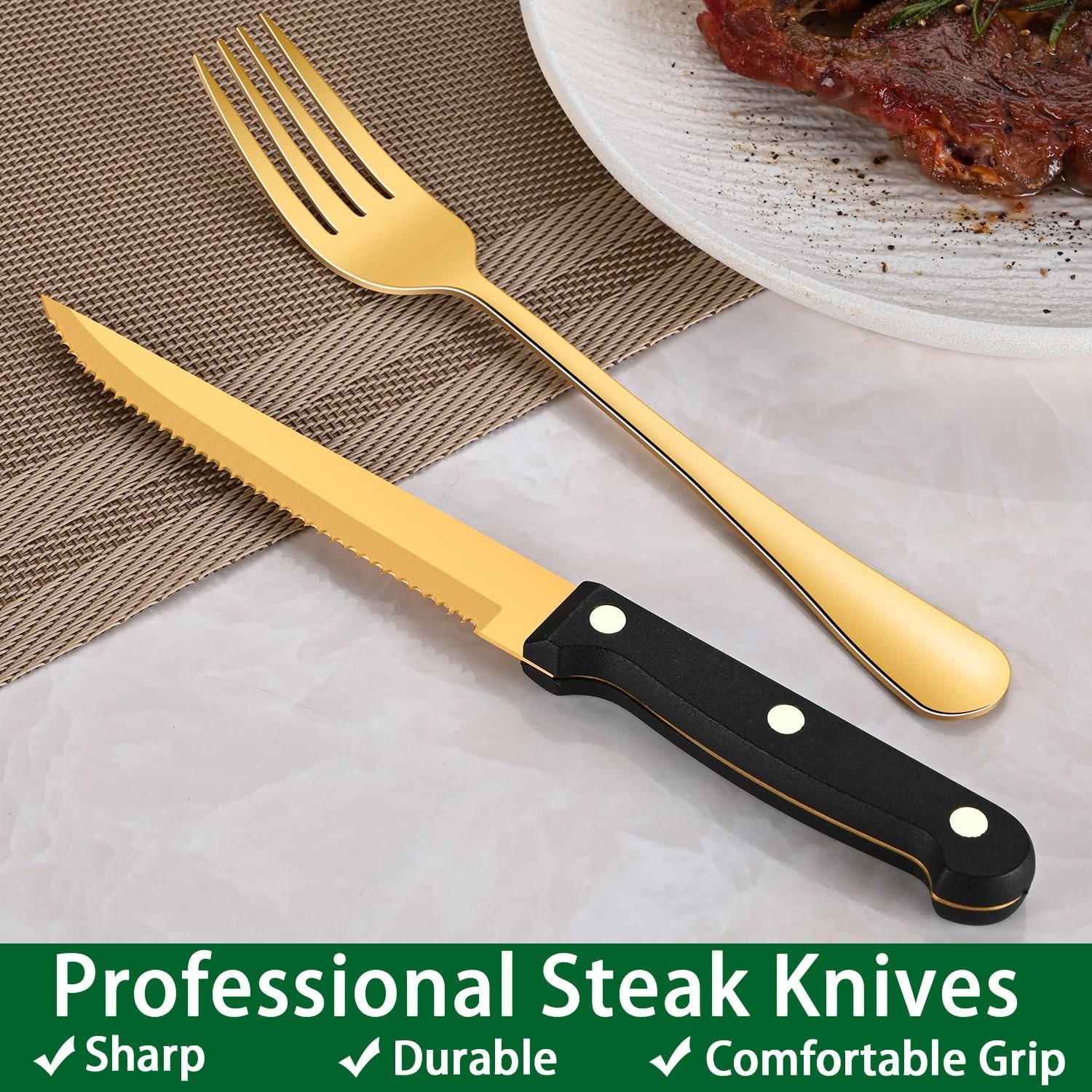 Detalle 2 de Dehov T1010-48 49-Piece Gold Stainless Steel Flatware Set with Organizer