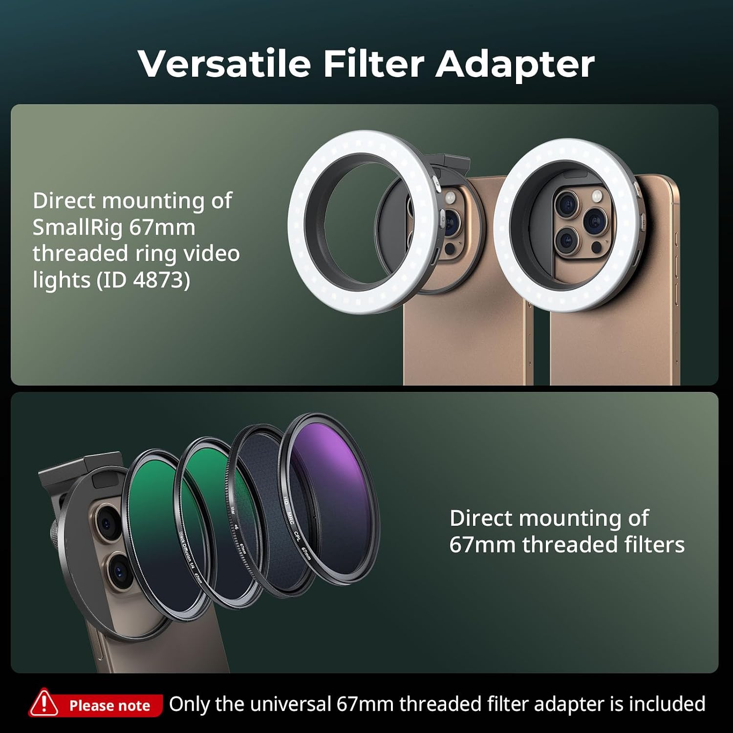 Detalle 2 de SMALLRIG 5174 filteradapter voor telefoon, 67 mm-schroefdraad en cold shoe