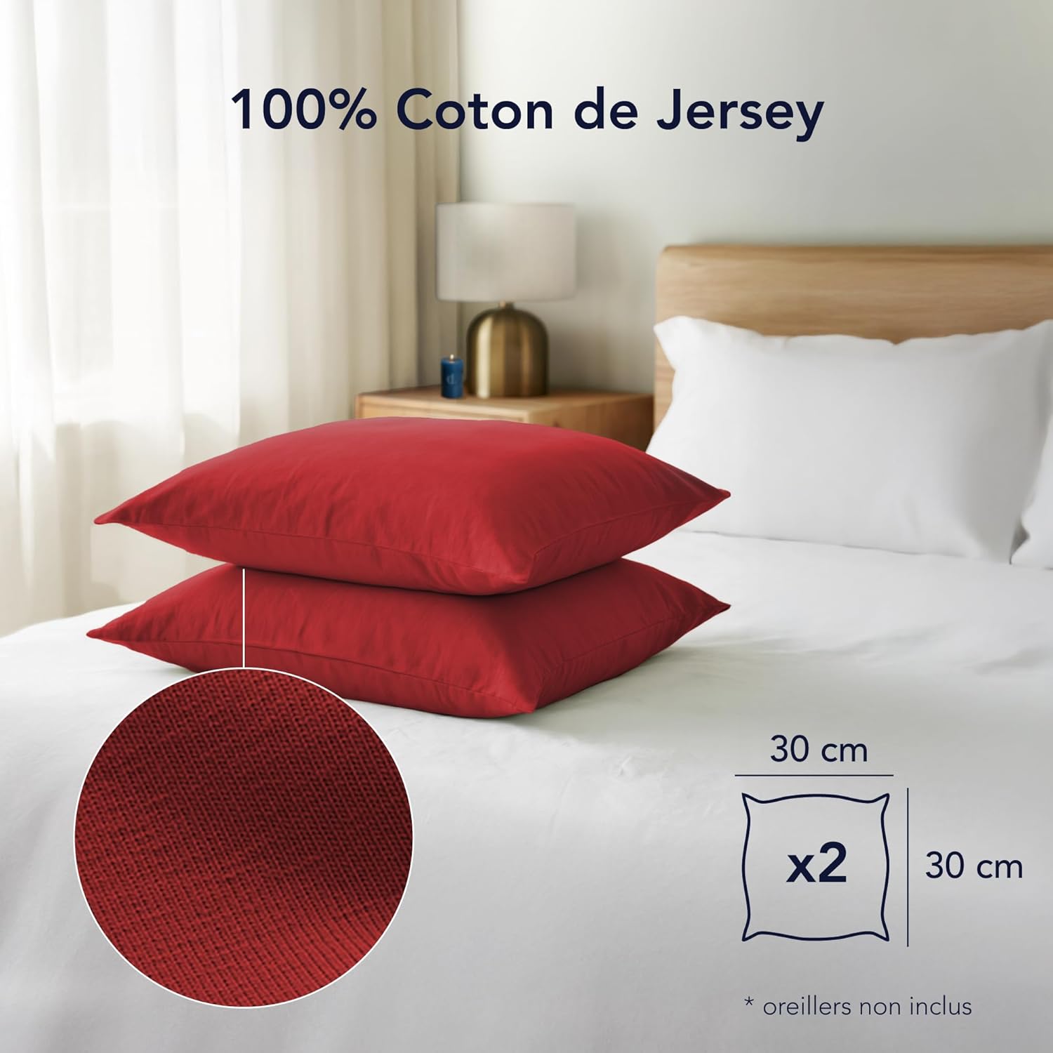 Detalle de Dreamzie Taie Oreiller 30x30 cm – Lot de 2 | 100% Coton Jersey, OEKO-TEX, Rouge