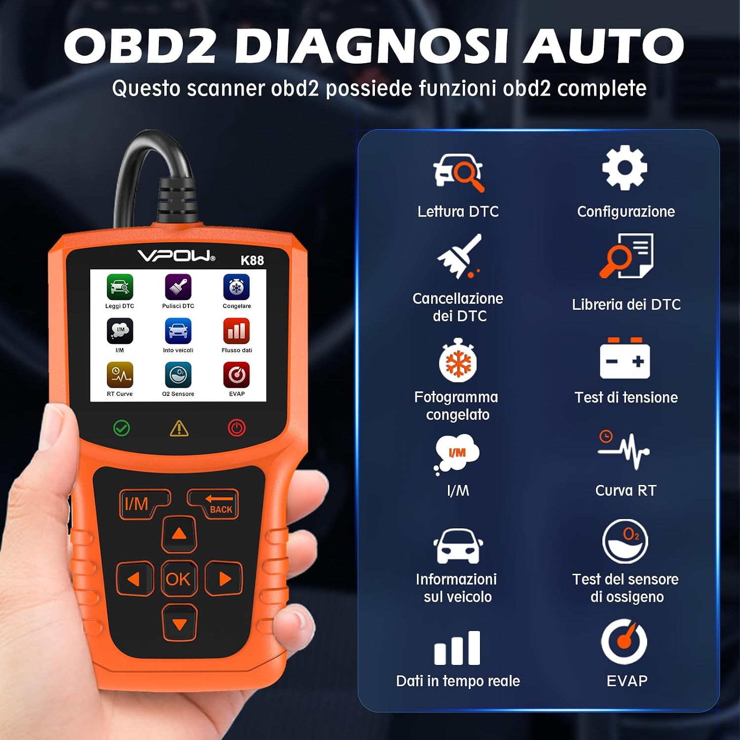 Detalle 2 de Scanner OBD2 VPOW con DTC estesi, test batteria e funzioni diagnostiche (OBDII/EOBD) per BMW, Mercedes e molte auto