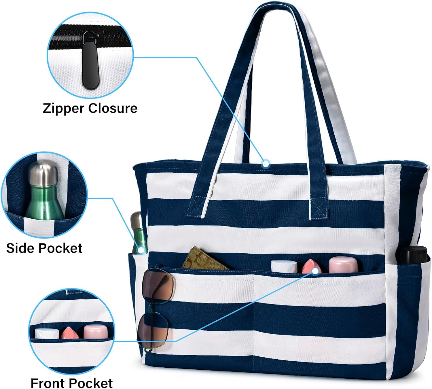 Detalle de oscaurt Large Beach Bag with 8 Pockets: Waterproof Family Tote for Beach, Pool, and Travel
