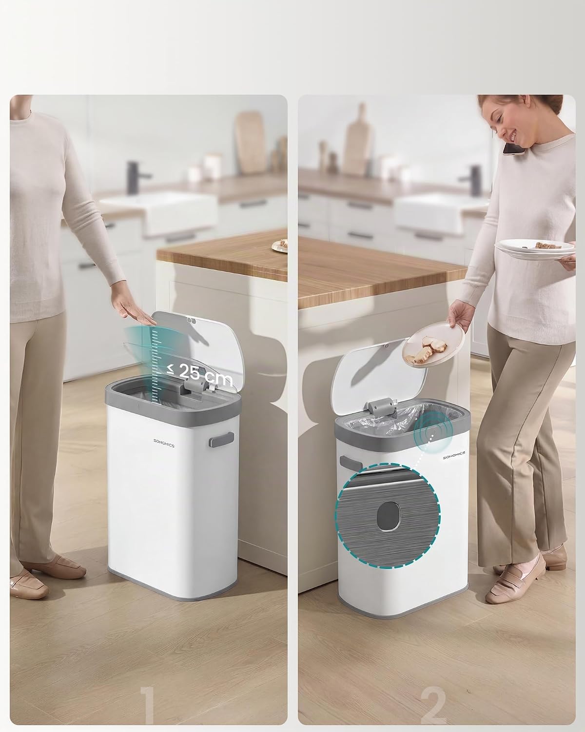 Detalle de SONGMICS LTB640WZ02 kökssoptunna, 50 liter, sensor och touch, vit
