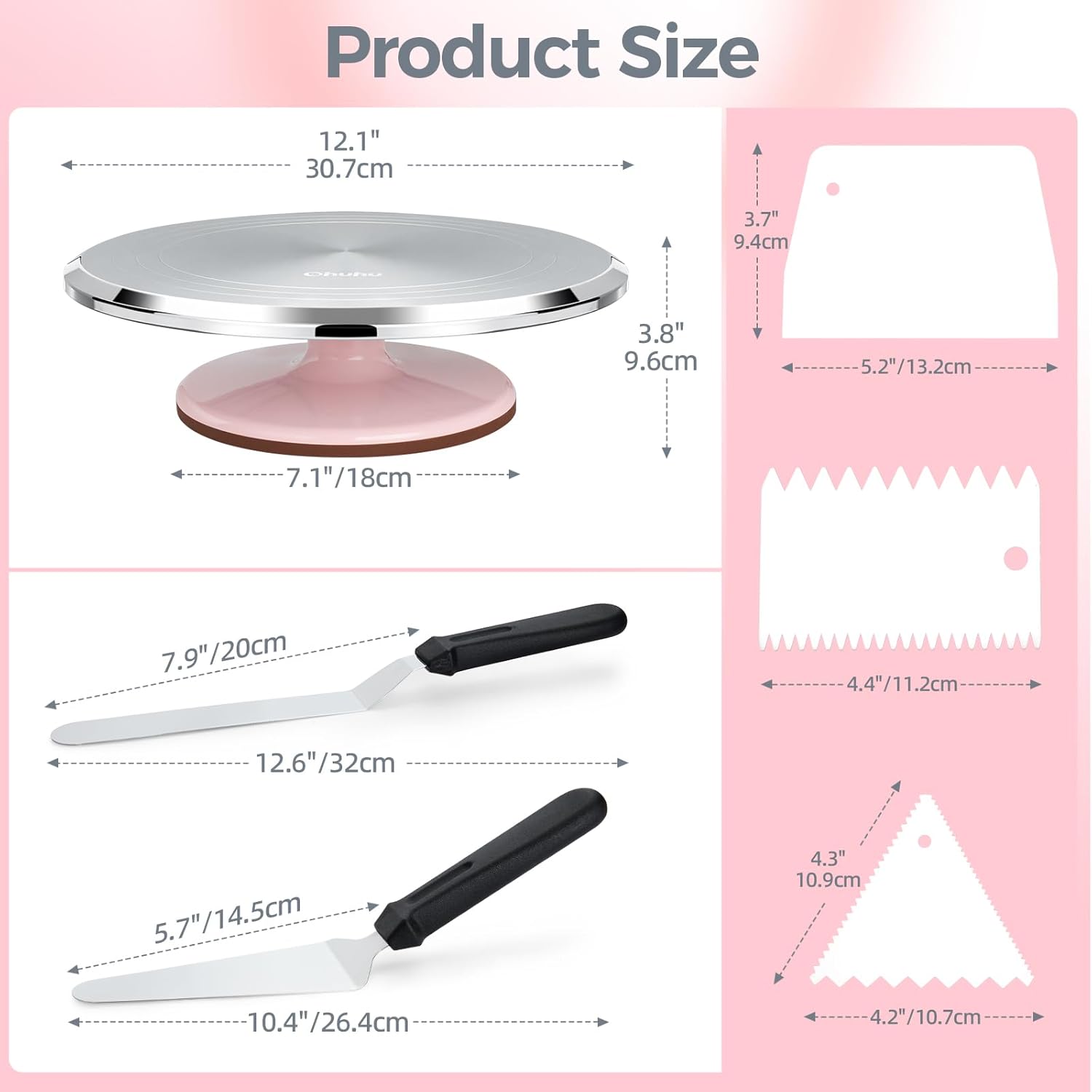 Thumbnail 2 de Ohuhu 12 Inch Aluminium Alloy Cake Turntable with 2 Icing Spatulas & 3 Icing Smoothers