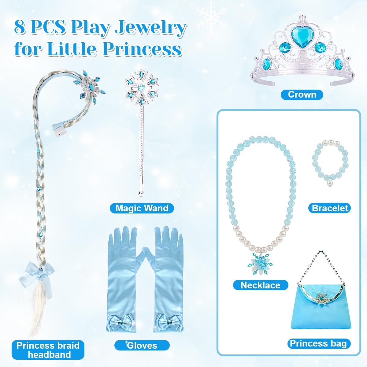 Detalle 2 de Meland Prinzessin Kleid Mädchen – 8-teiliges Set inkl. Juwelen, Handschuhe und Zauberstab (3–10 Jahre)