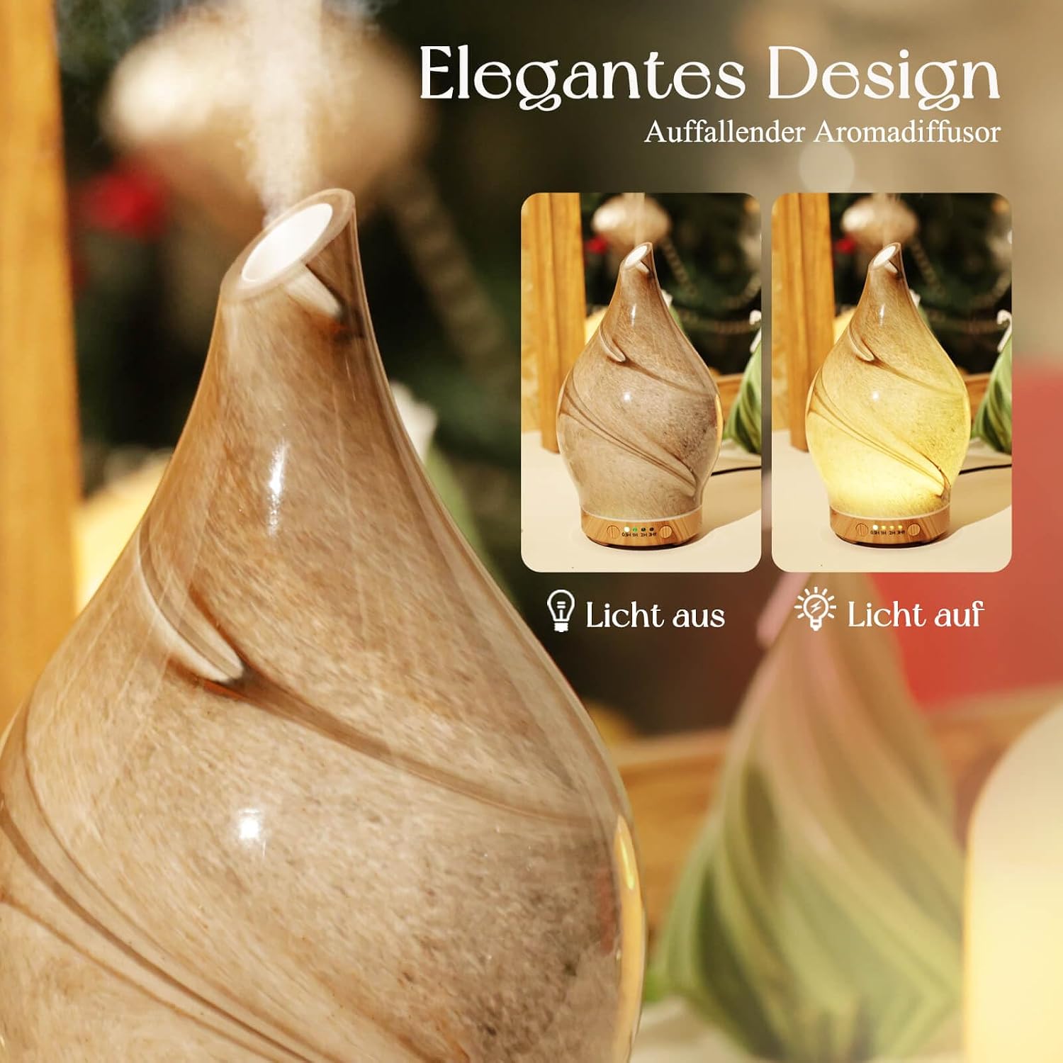 Detalle de Porseme Aroma Diffuser 150 ml aus handgeblasenem Glas mit Ultraschall, 7 Farb-LED & Timer (BPA-frei, Desert)