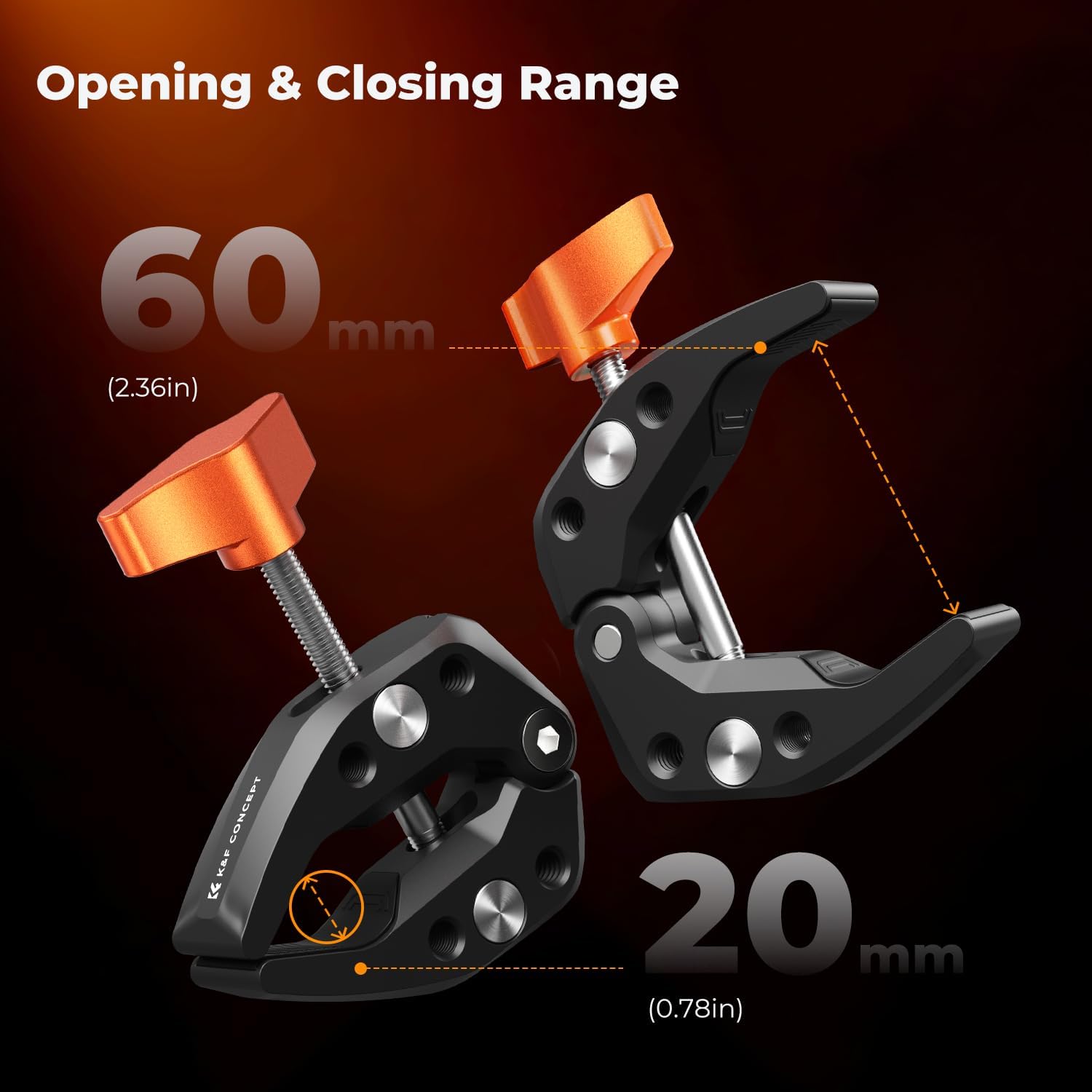 Detalle de K&F CONCEPT 2-Pack Super Clamp with 1/4" Threads (60mm max opening) for round pipes, rails and photo accessories