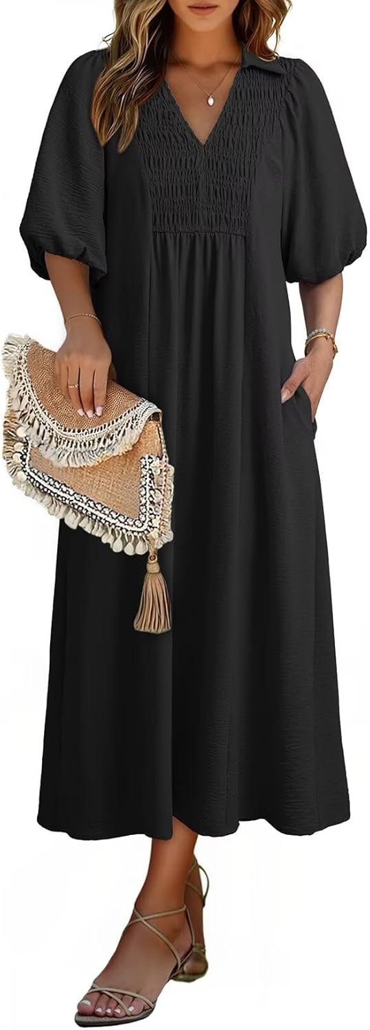 Detalle de Dokotoo 2026 Summer Dress: V-Neck, Puff Sleeve Maxi with Pockets