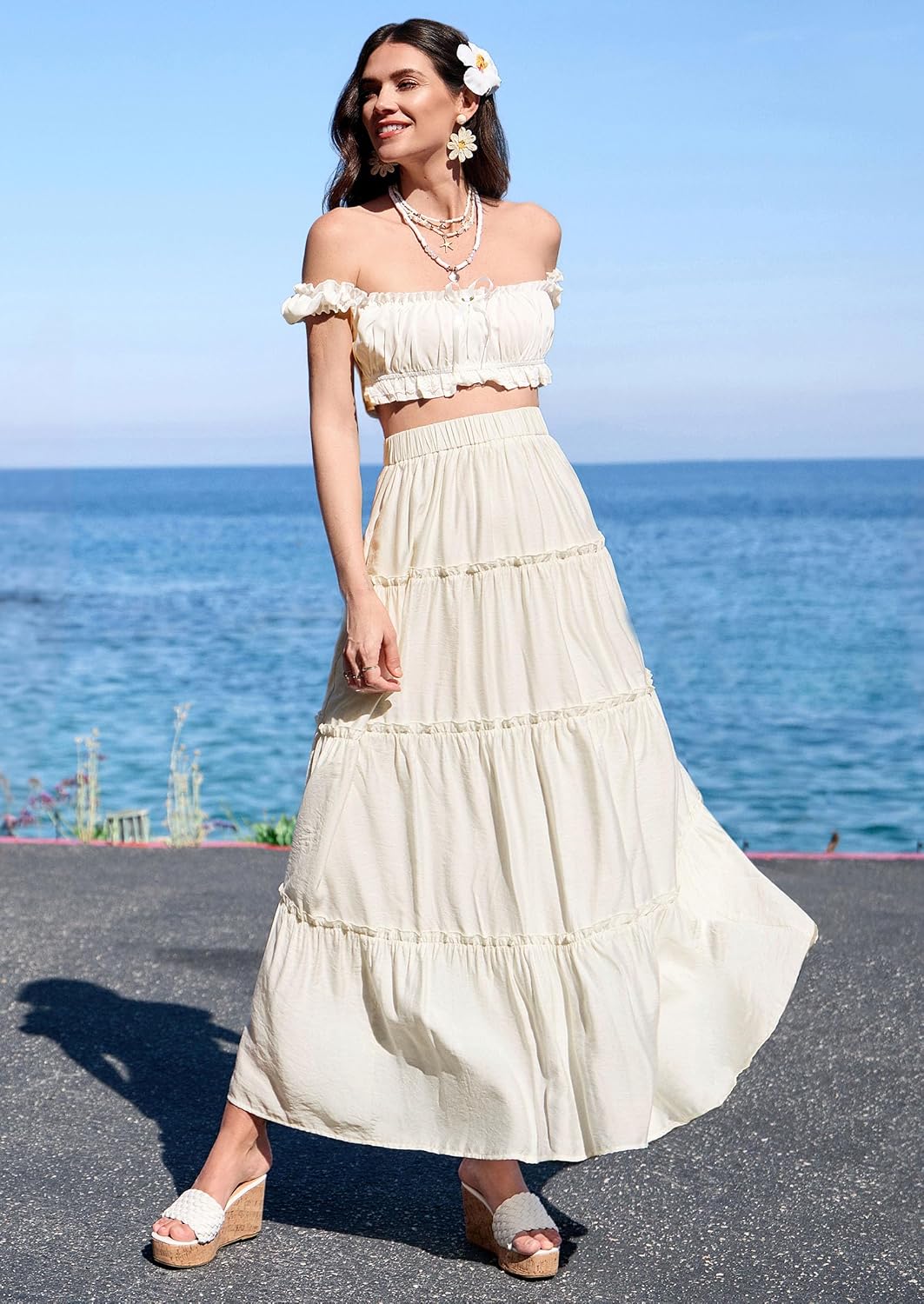 Thumbnail 4 de PRETTYGARDEN Boho Tiered Maxi Skirt for Women with Elastic Waistband & Side Pockets
