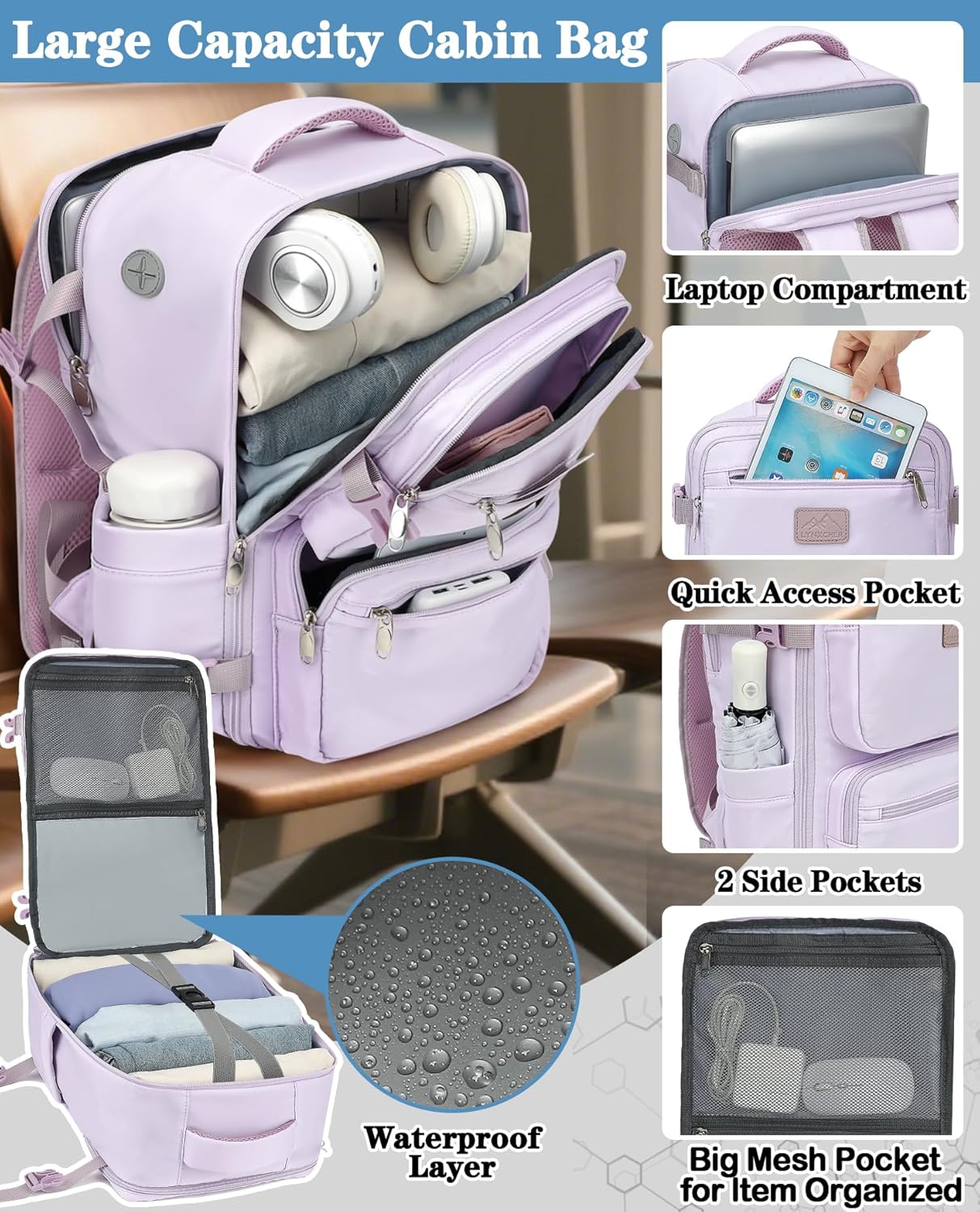Thumbnail 3 de LYNXCHER Ryanair Cabin Bags 40x20x25 Travel Backpack (20L) - Light Purple, S