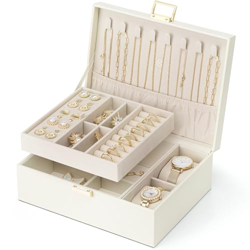 Detalle de VLANDO Caja de Joyería 2 Capas Grande: Organizador Multifuncional en Cremas y Reloj