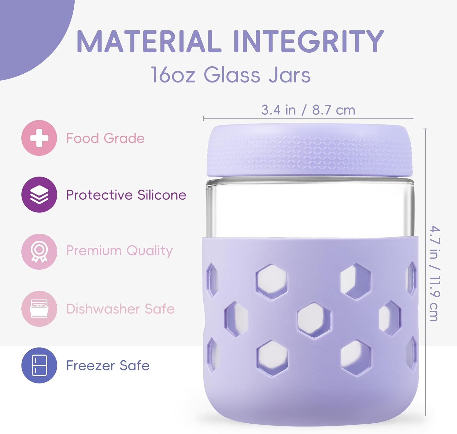 Detalle de Gemice 6-Pack 16 oz Overnight Oats Containers with Lids and Silicone Sleeves (Glass Mason Jars)