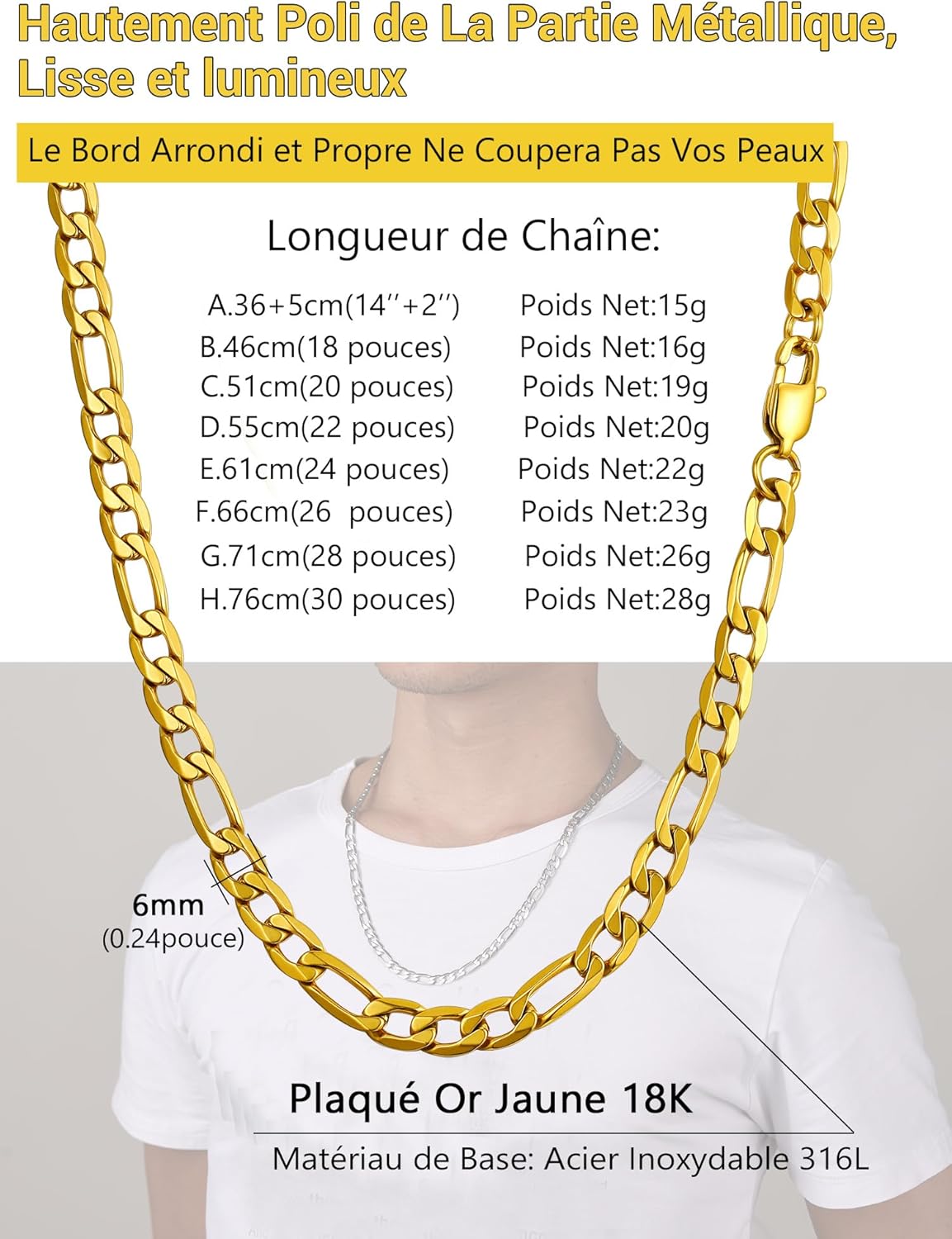 Thumbnail 4 de Collier chaîne Figaro PROSTEEL en acier inoxydable 316L plaqué or, maillon alterné 3 en 1 (largeur 4/6/9/13 mm) jusqu’à 76 cm