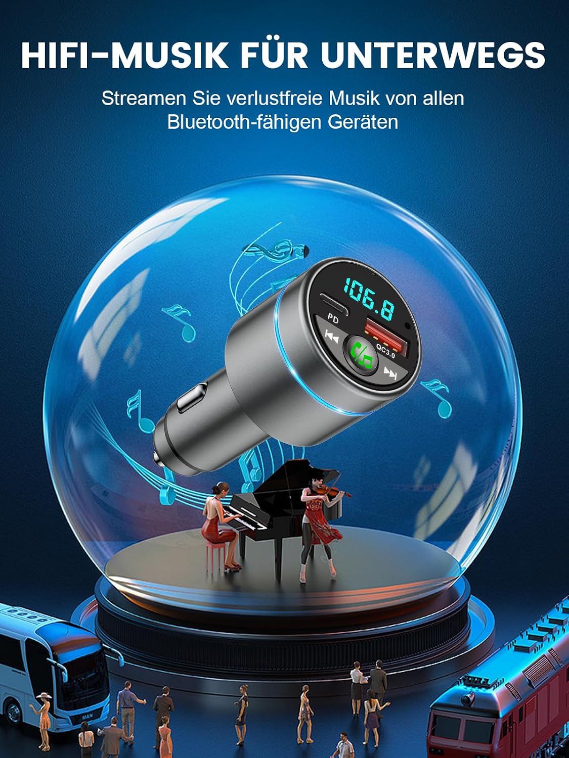 Detalle de Mohard Bluetooth Adapter Auto – Ganzmetall FM Transmitter mit PD 30W & QC3.0 18W Schnellladung, Bluetooth 5.3, Freisprechanlage, Ringlicht