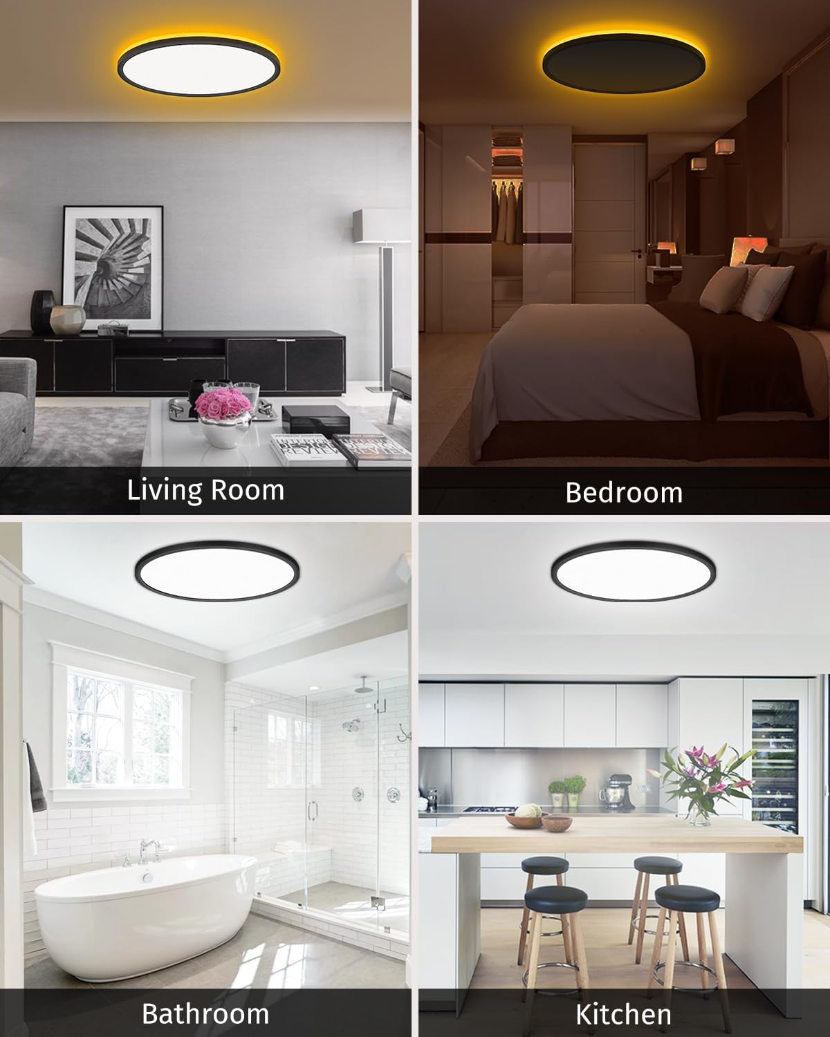 Thumbnail 6 de Bowfar LED Deckenleuchte 24W mit Fernbedienung, dimmbar (3000K–6500K) & Amber-Nachtlicht 1800K, Ø29,5 cm, schwarz