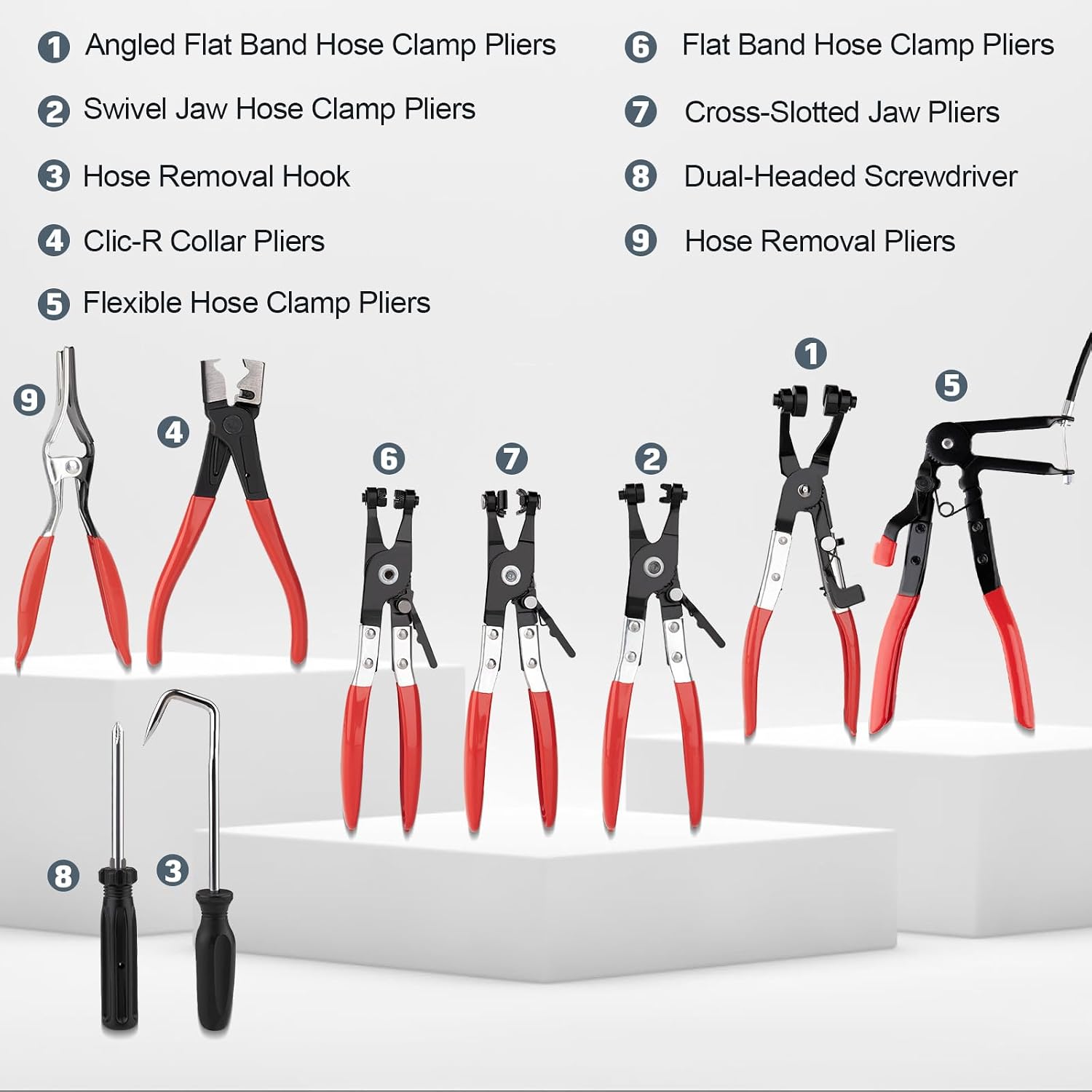 Detalle de jiouxip GSQ003 9-Piece Hose Clamp Pliers Set, Carbon Steel, Long Reach