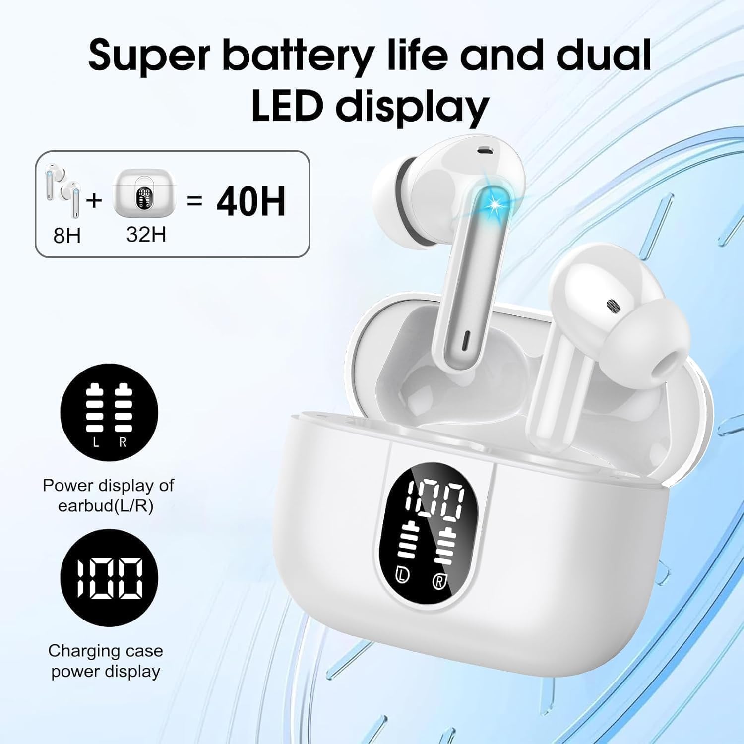 Detalle de Csasan Wireless Earbuds (J90 Pro) with Bluetooth 5.3 – 40h, IPX7, ENC Mics, LED Display