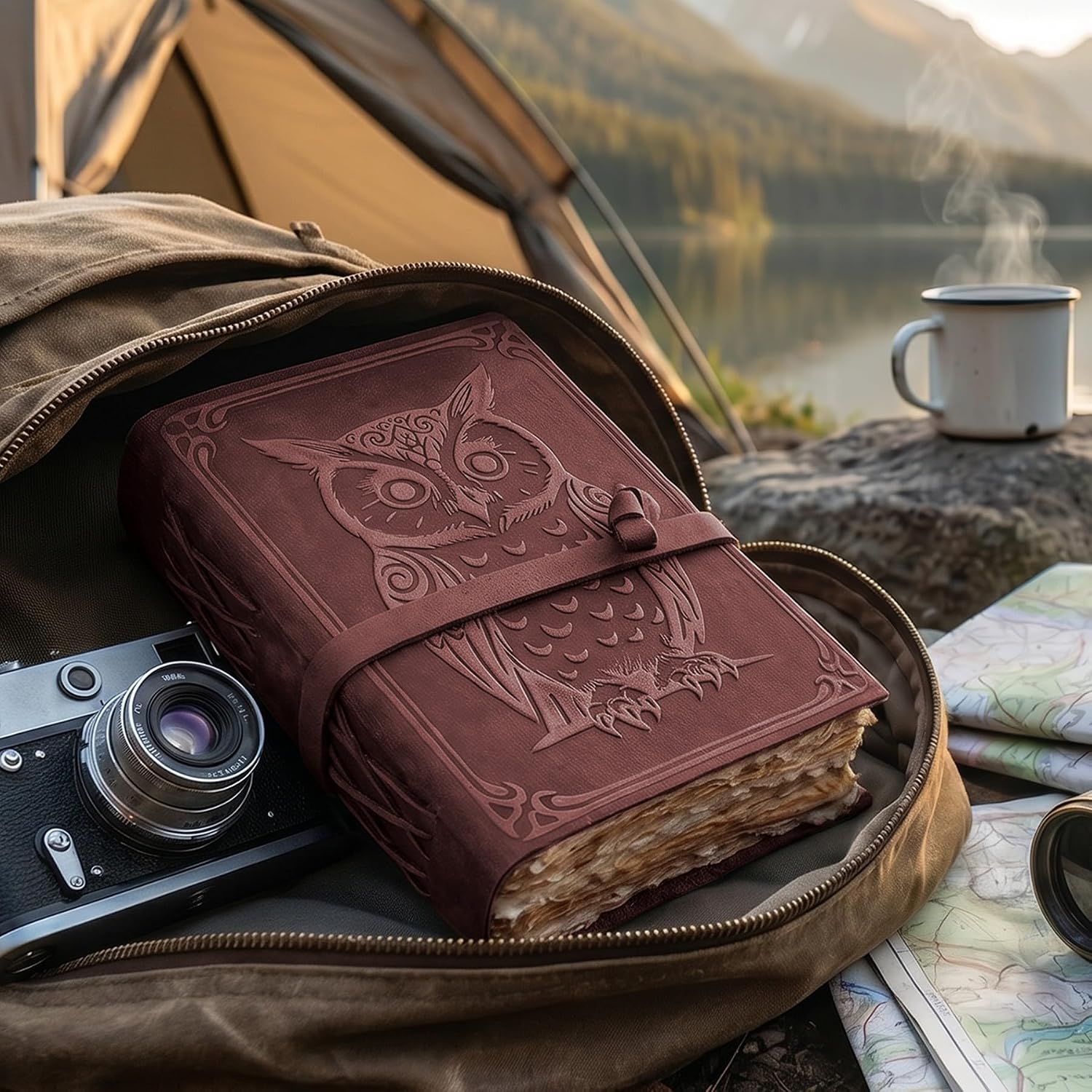 Thumbnail 6 de LEATHER VILLAGE Spell Book Journal, Owl-Embossed Leather Notebook, Fuchsia 7x5