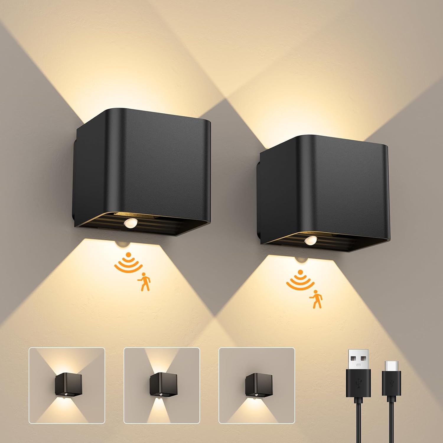 GEARLITE aufladbare LED-Wandleuchte für innen & außen mit Bewegungsmelder (2er-Set), IPX4, 3000K, schwarz