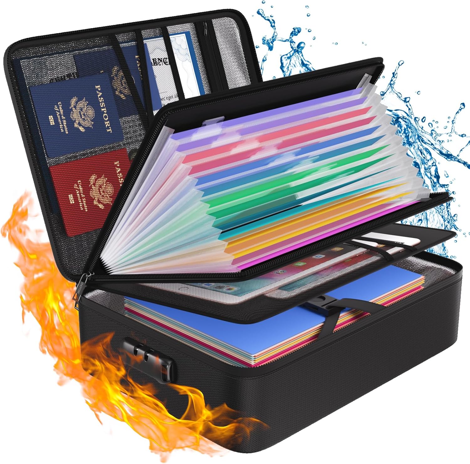 Detalle de Tamfile 5200℉ Fireproof Document Box with 13-Pocket Accordion Folder (15" x 11.2" x 4.3"), Lockable, Waterproof, Black