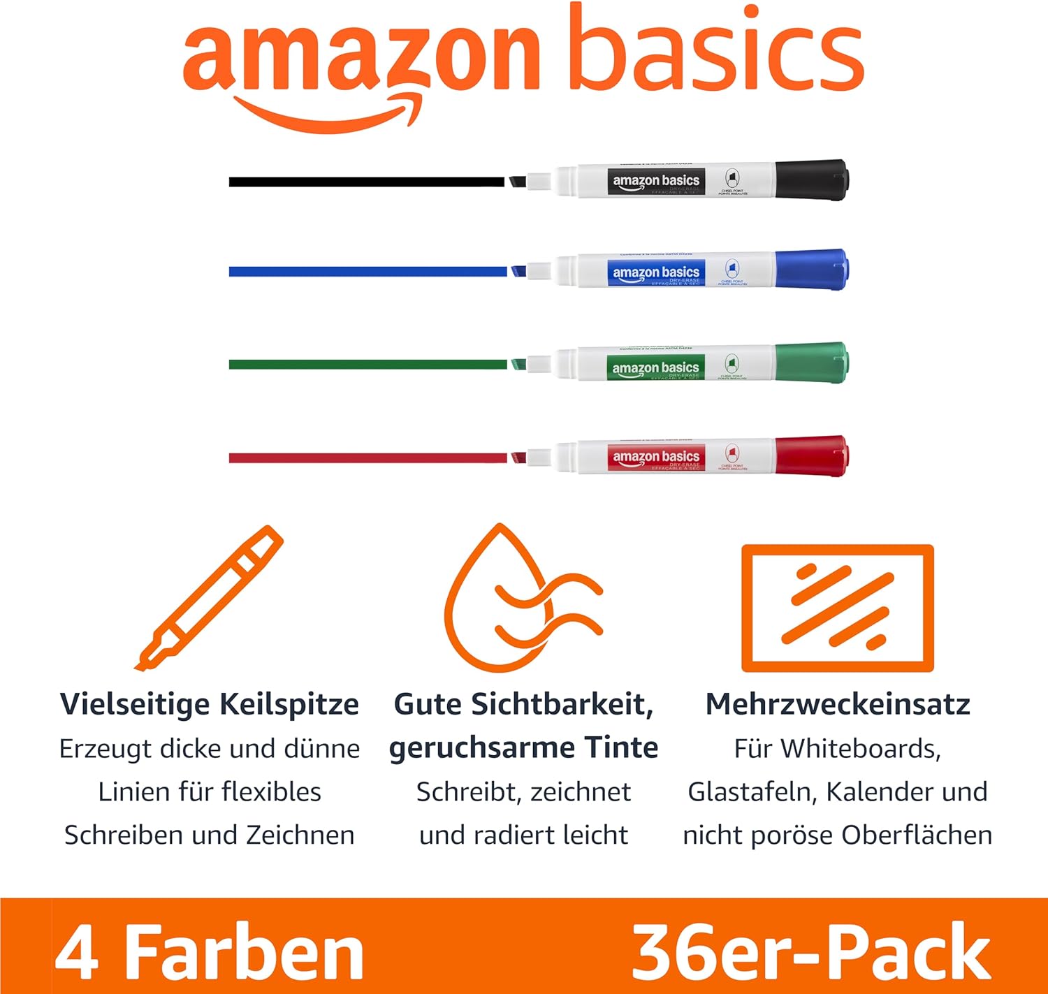 Detalle 2 de Amazon Basics Dry Erase Whiteboard Markers, 36er-Pack, 4 Farben, Fine/ pointed Tipp