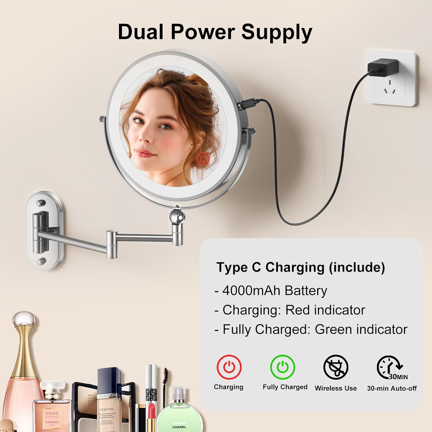 Thumbnail 3 de 9" Wall Mounted Lighted Makeup Mirror 4000mAh