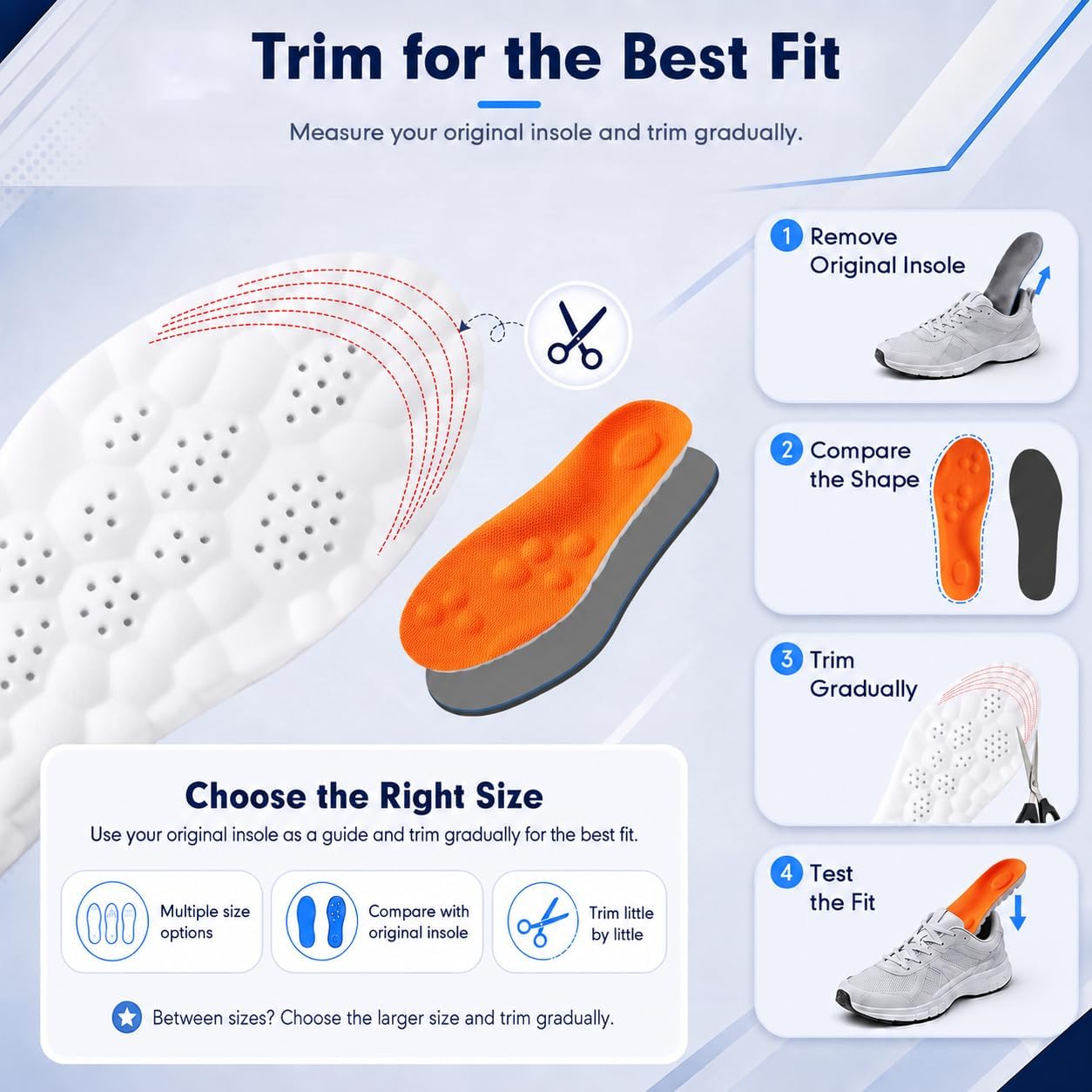 Detalle 1 de ENLOPQ GEN-SOLE-Black-Large Men's Memory Foam Insoles, Trim-to-Fit with Arch Support