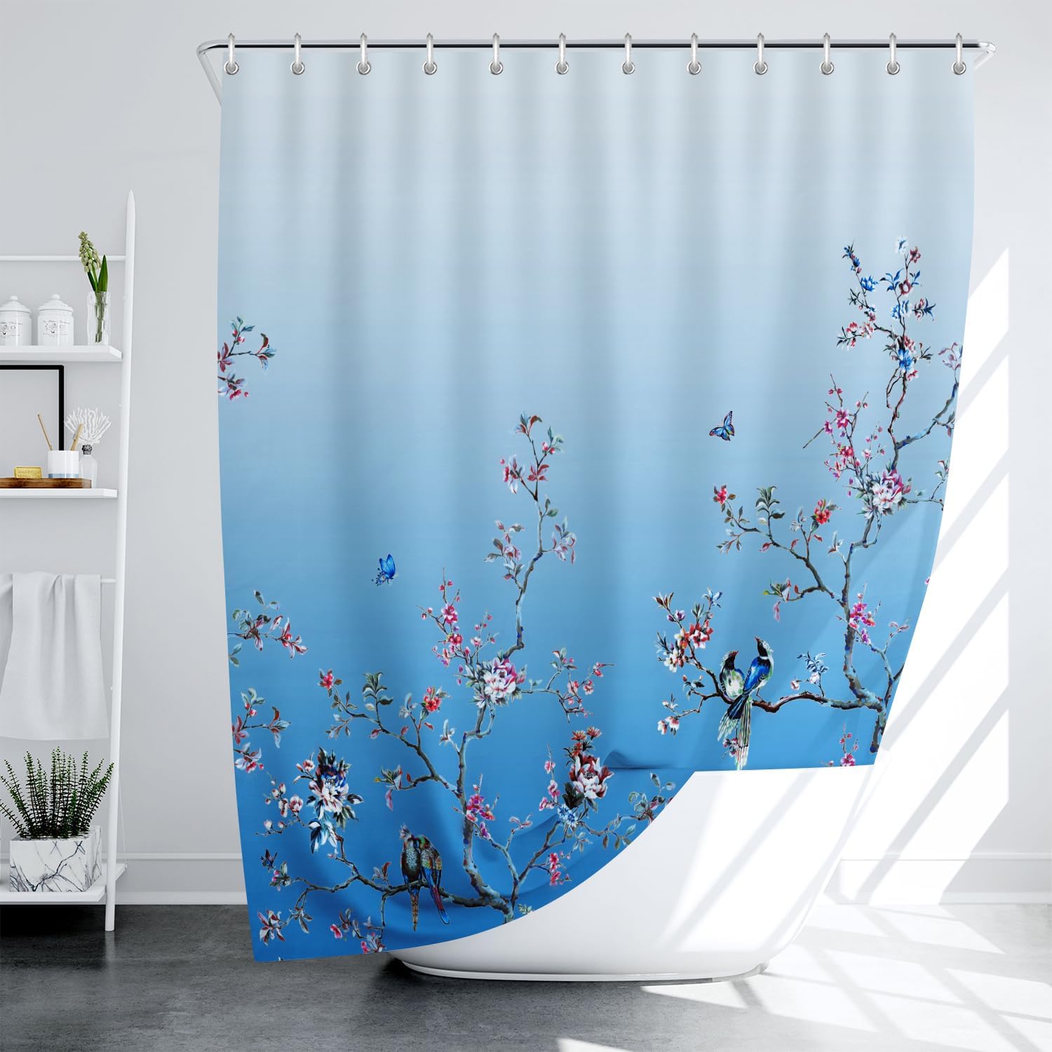 Thumbnail 5 de LIVETTY Ombre Blue Bird Extra Long Shower Curtain 200cm × 200cm with 12 Hooks