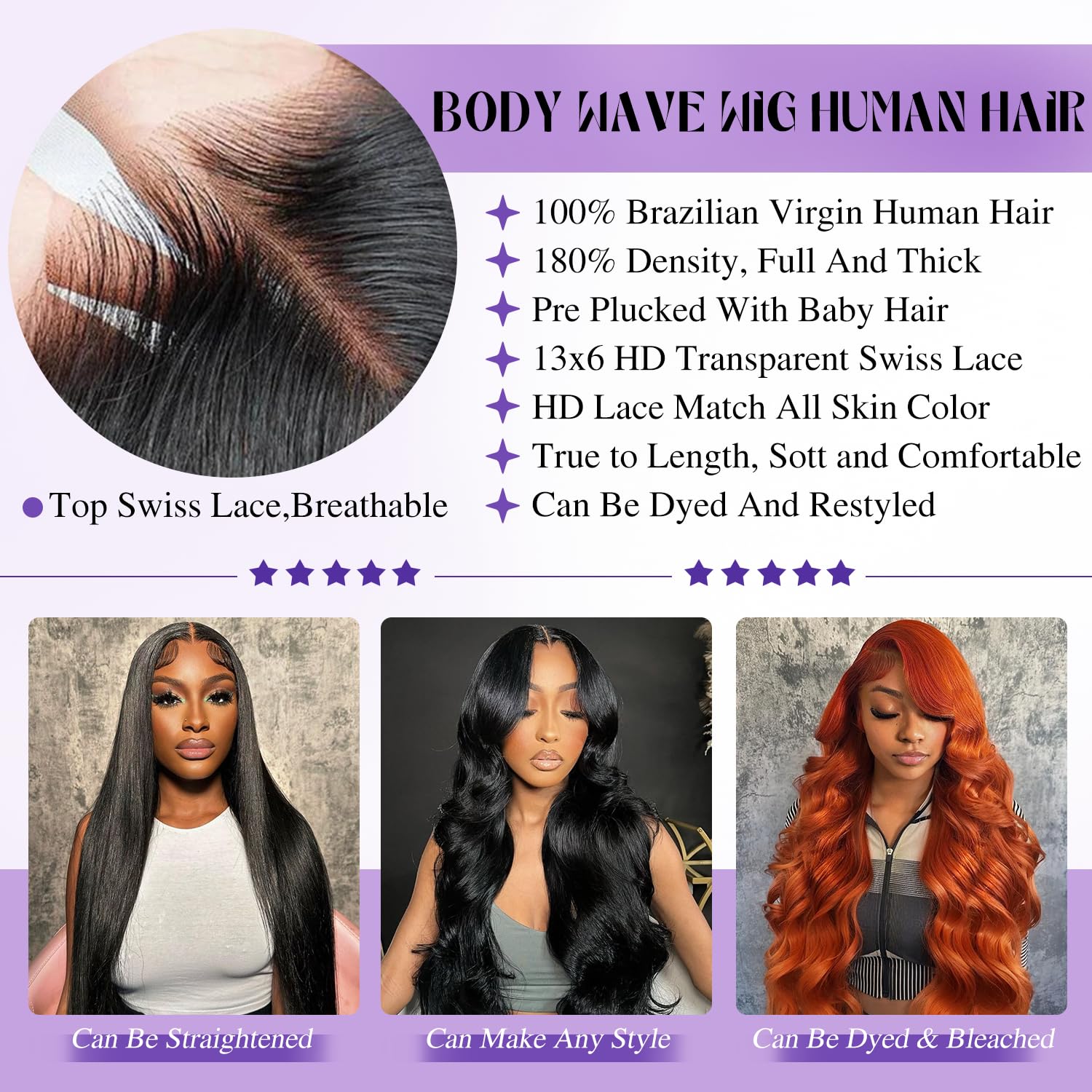 Thumbnail 2 de 30 Inch 13x6 Lace Front Wig | Body Wave, 180% Density, Glueless HD Swiss Lace, Virgin Brazilian Hair