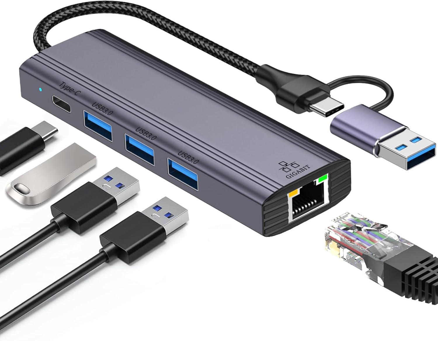 Detalle de USB C to Ethernet Adapter 1Gbps with 3 USB 3.0 ports