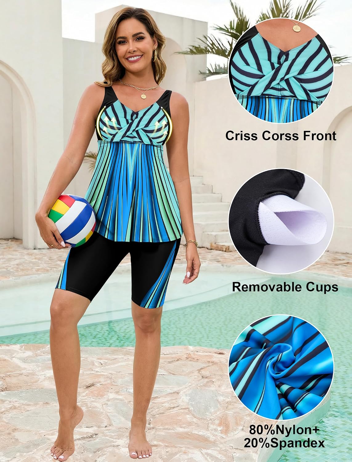 Detalle de Arolina Plus Size Two-Piece Modest Tankini with Tummy Control and Shorts