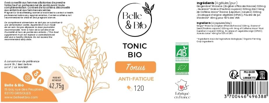 Detalle 1 de Tonus & Anti-Fatigue Tonic Bio Belle&Bio — pilulier de 120 gélules (cure 2 mois)