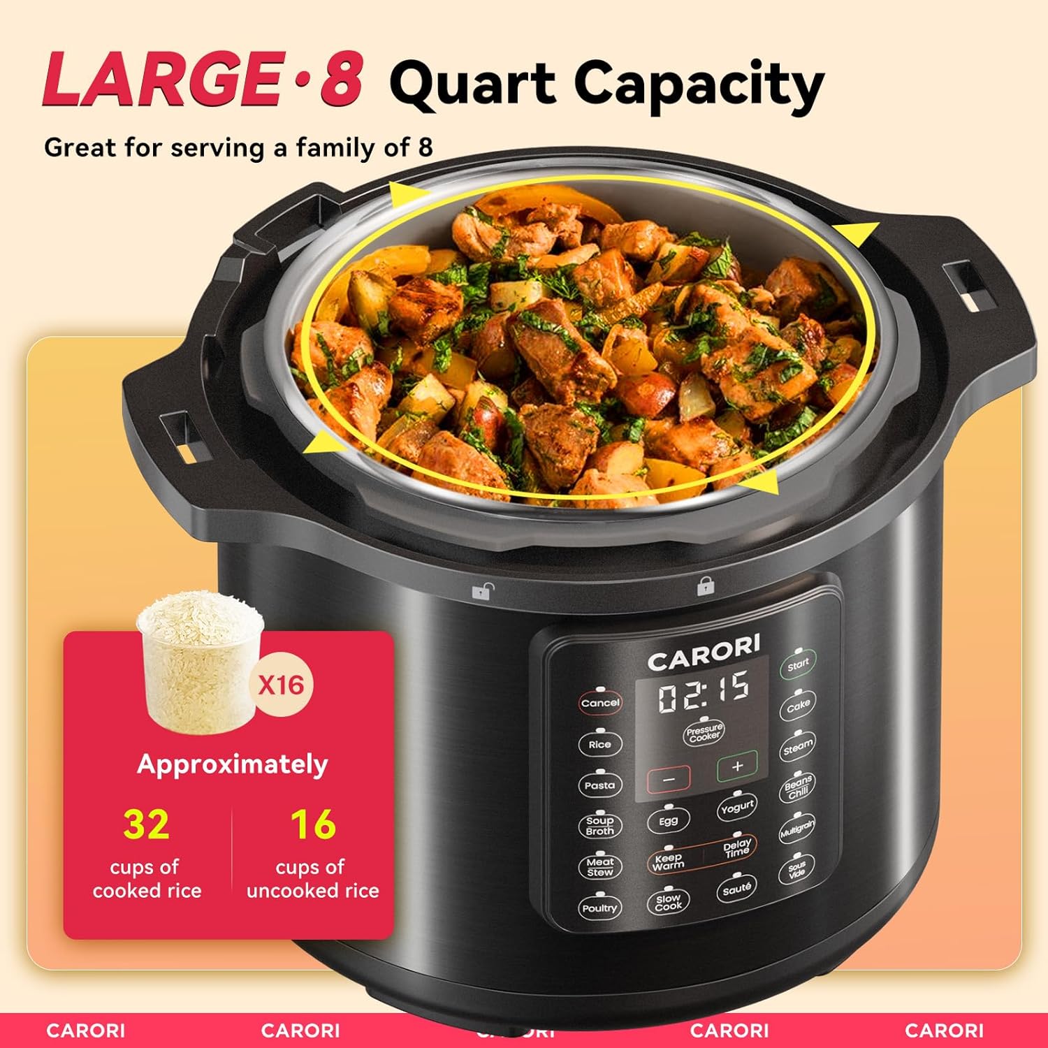 Detalle de CARORI 1200W 12-in-1 Electric Pressure Cooker 8Qt 🍲