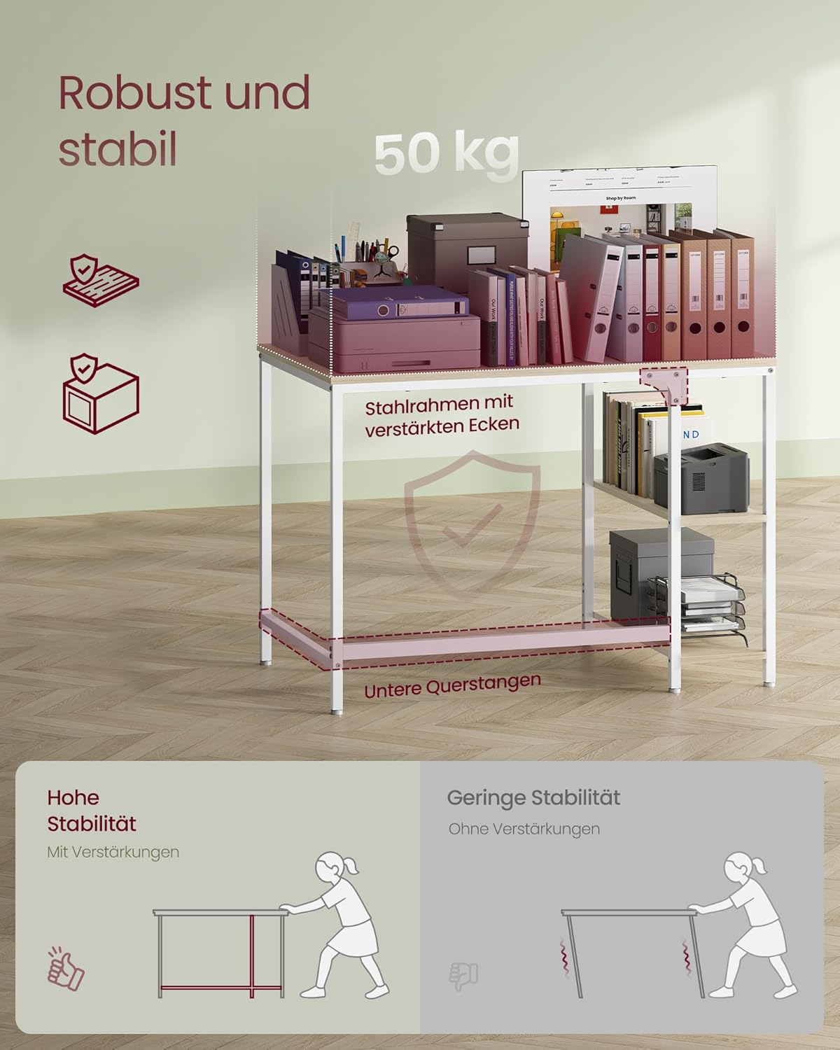 Thumbnail 5 de VASAGLE Computertisch LWD046L01 – 100 × 50 cm, naturbeige/perlweiß, stabiler Bürotisch