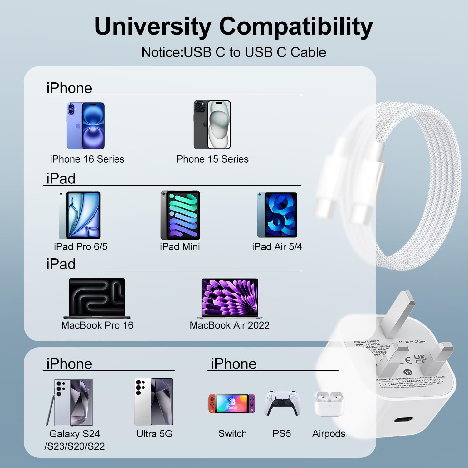 Thumbnail 5 de iPhone 15/16/17 Fast Charger with 20W USB‑C Plug and 2m Nylon Cable (UK Plug)