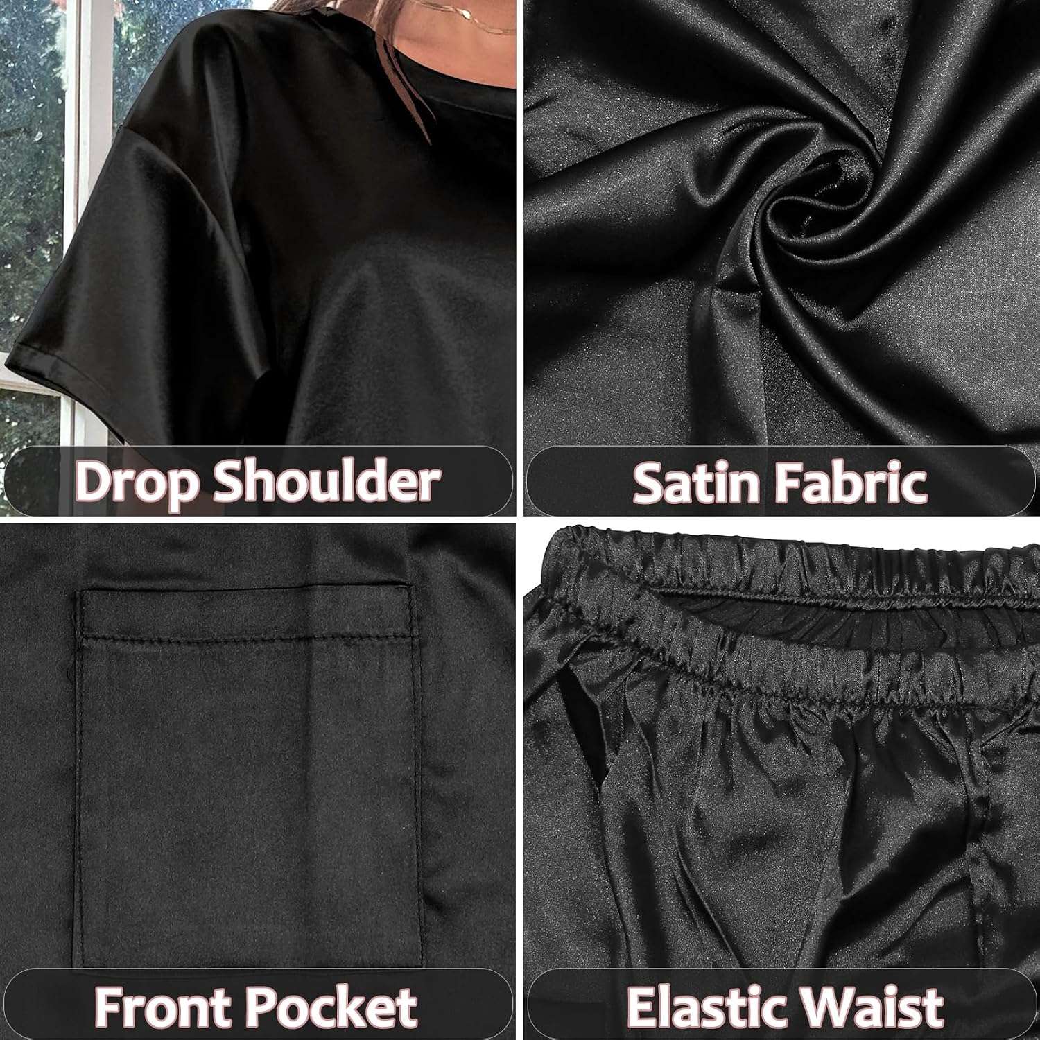 Thumbnail 5 de HANERDUN Damen Satin Pyjama Set Kurzarm