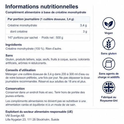 Thumbnail 8 de Creatine Monohydrate Poudre 500 g Micronisée Sans Goût – 147 Doses, Vegan (Marque 4)