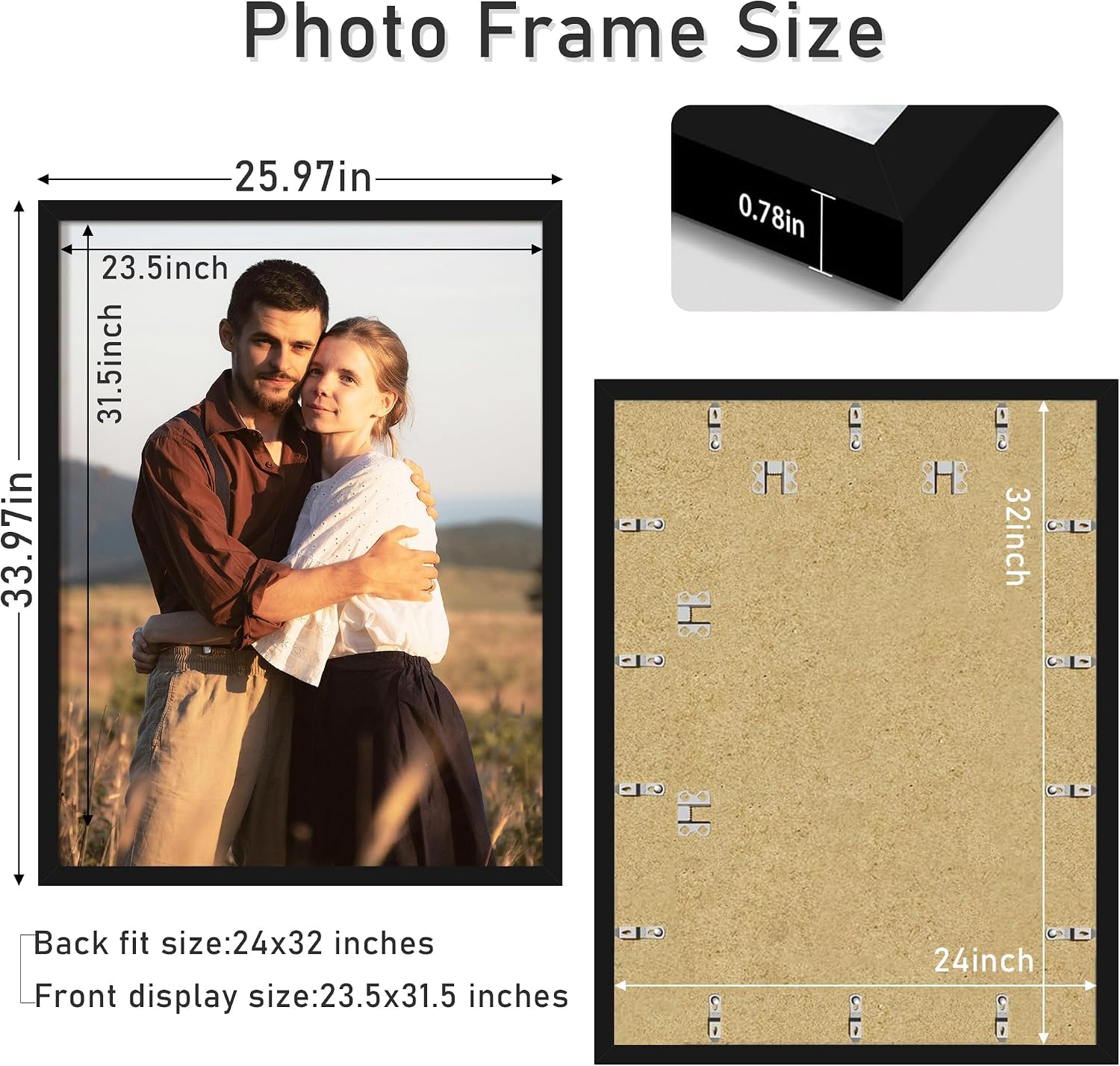 Detalle de Picrit 24x32 Poster Frame (Black) — Engineered Wood Picture Frame for Horizontal or Vertical Wall Mounting