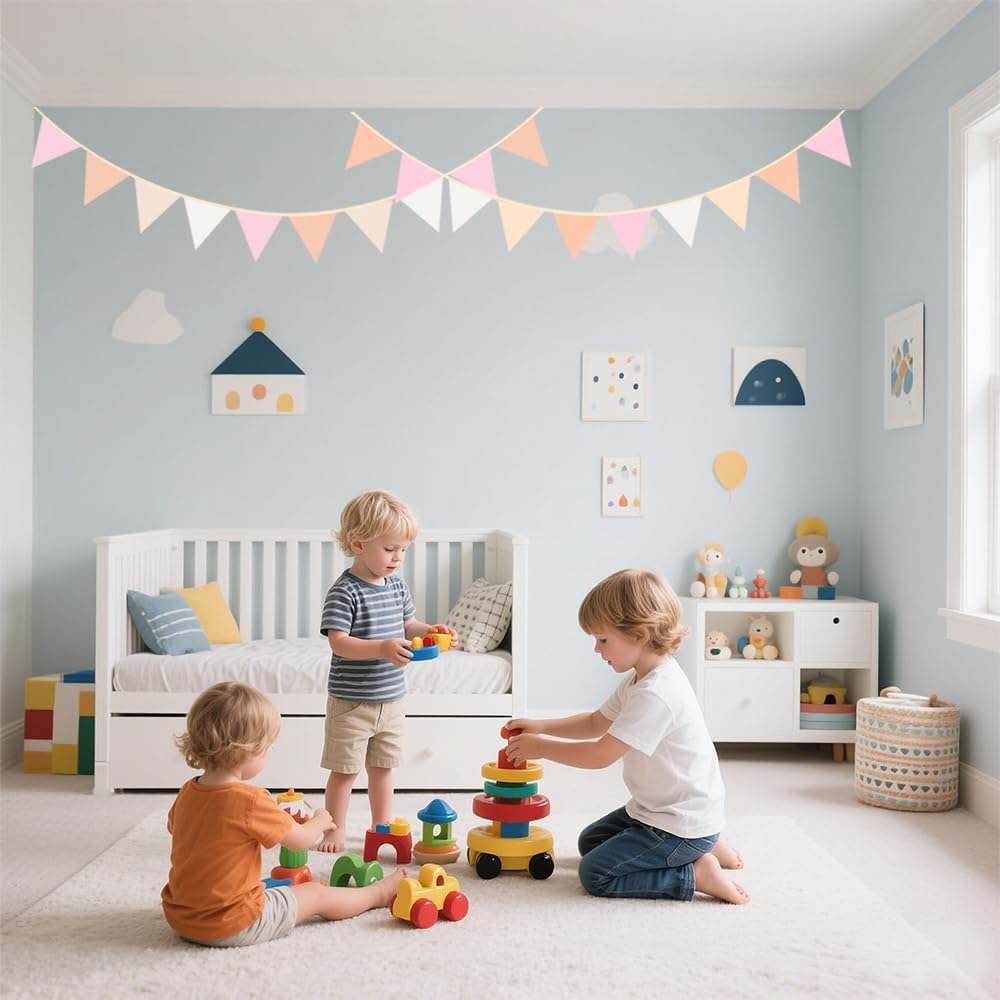 Thumbnail 3 de HuaMuDM 2er Wimpelkette fürs Kinderzimmer (2,8 m) aus Musselin-Baumwolle, doppelseitig, rosa & mehrfarbige Dreiecke