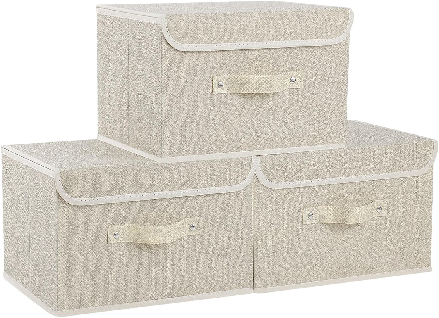 Detalle de ENUMAIL 3er Set Stoff-Aufbewahrungsboxen mit Griff und Deckel (faltbar) 33×23×20 cm, Grau & Beige