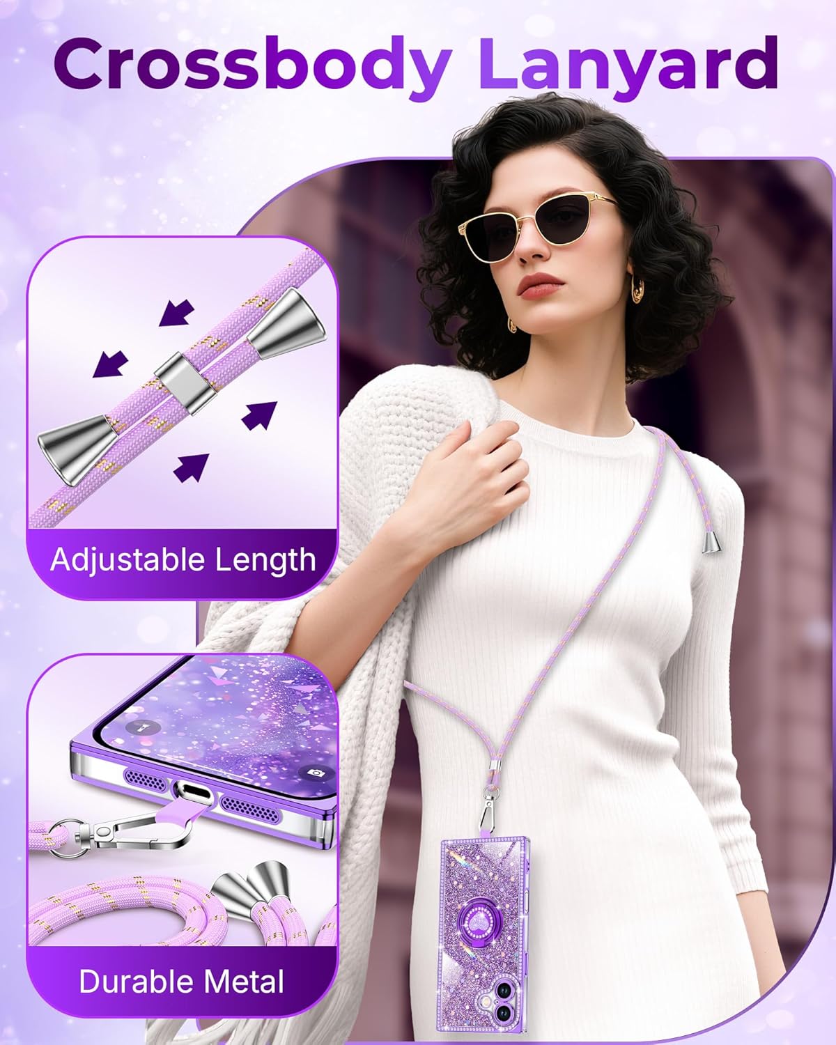 Detalle de XYZ for iPhone 17 Case with Glitter Bling, 2-Way Ring Stand & Lanyard — Purple